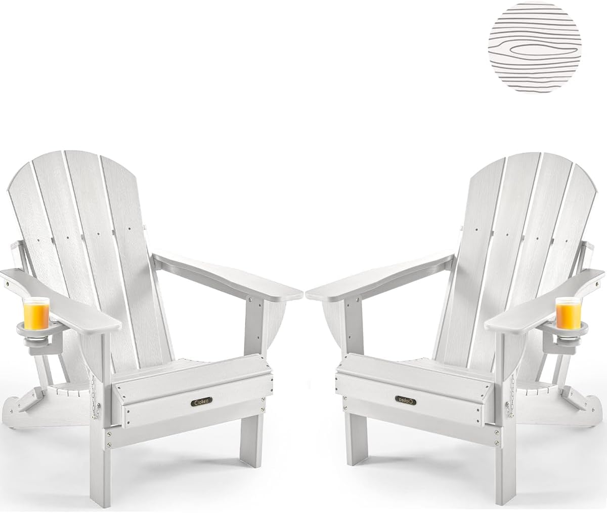 Ciokea Folding Adirondack Chair Wood Texture, Patio Adirondack Chair Weather Resistant, Plastic Fire Pit Chair with Cup Holder, Lawn Chair for Outdoor Porch Garden Backyard Deck (Teak)
