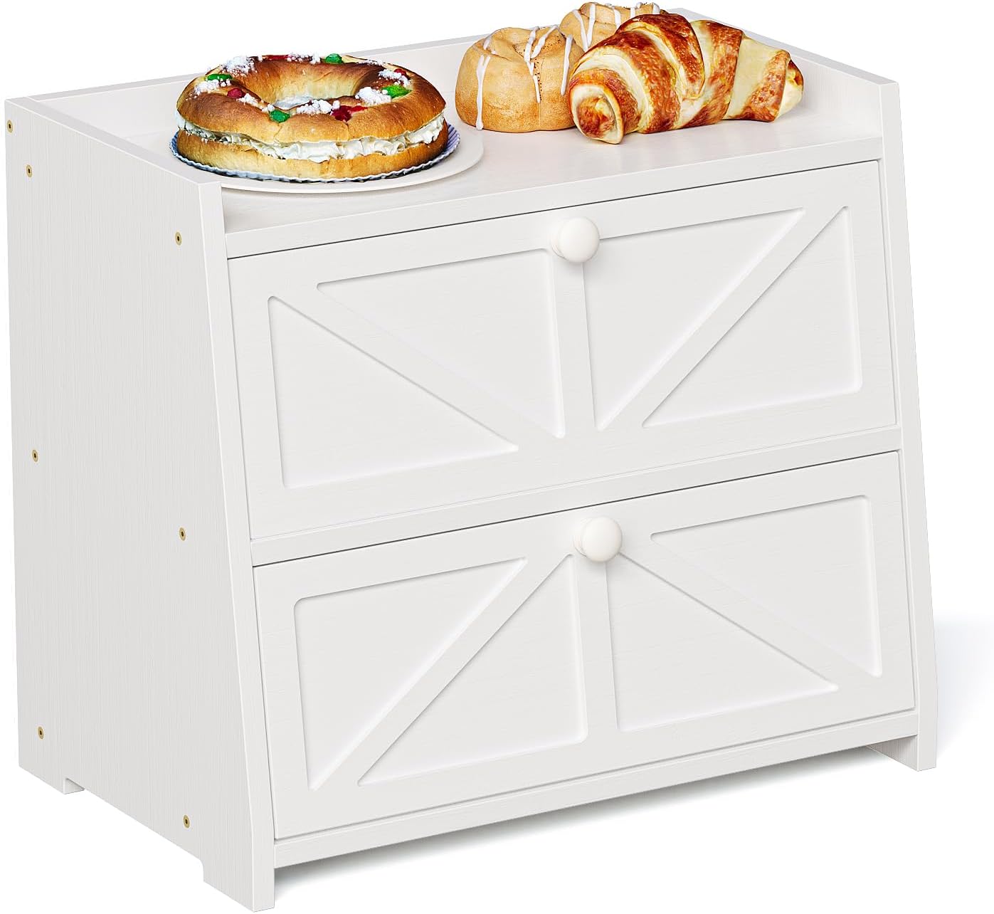 Trironsun Vintage Double Layer Bread Box for Kitchen Counter Bamboo Bread Storage Container Large Capacity Bread Storage Bin (Antique White)