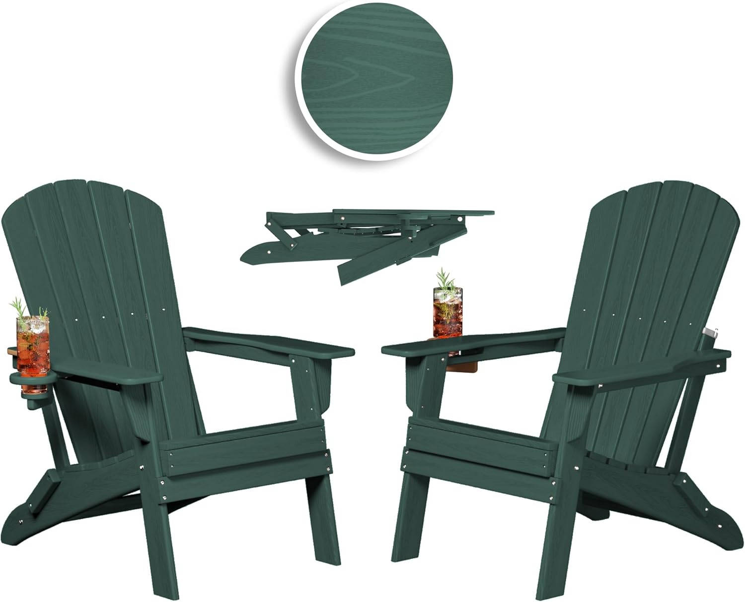 Plawdlik Folding Adirondack Chair, SGS Tested, Wooden Textured with Cup Holder, Heavy All-Weather HDPE Comfortable Set Poolside Backyard Lawn Black