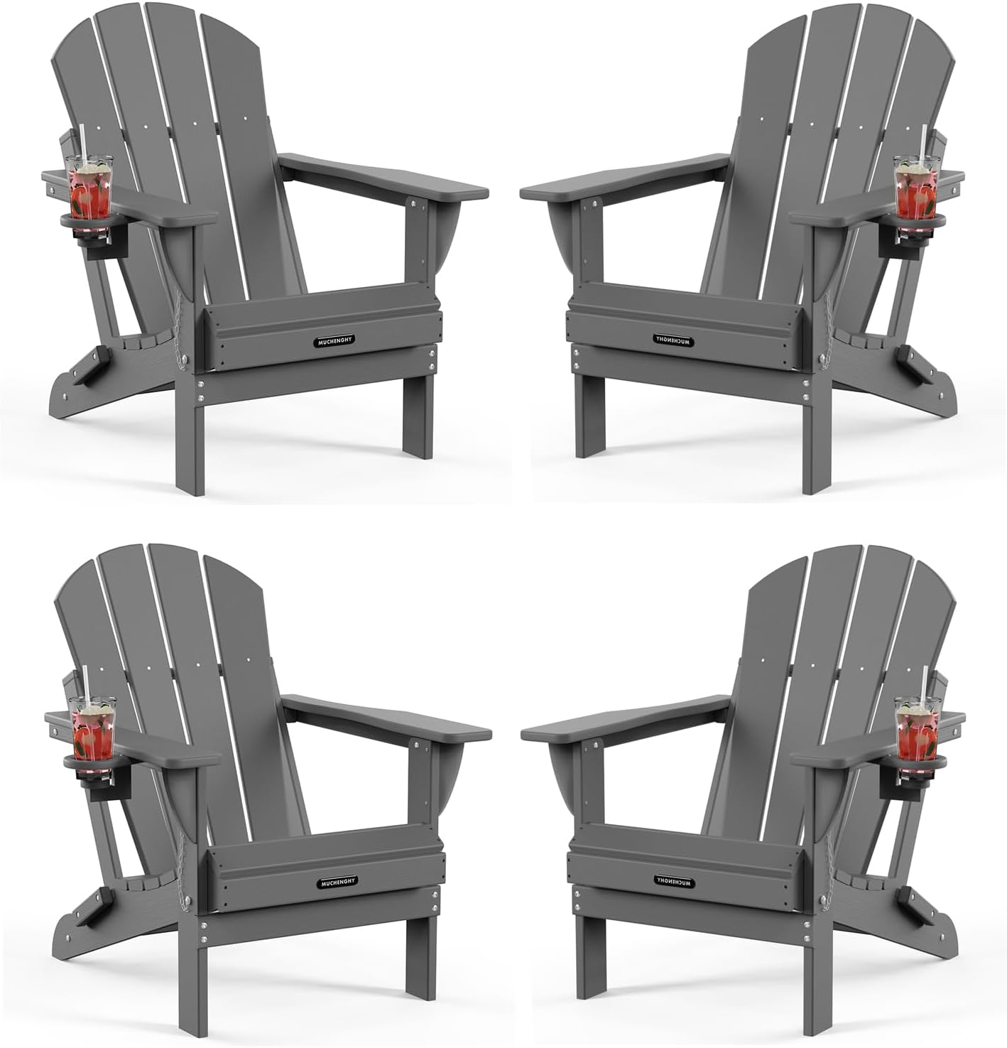 MUCHENGHY Folding Adirondack Chairs, Patio Chairs, Lawn Chairs, Outdoor Chair, Adirondack Chair Plastic, Fire Pit, Weather Resistant with Cup Holder for Deck, Backyard, Garden(Gray)