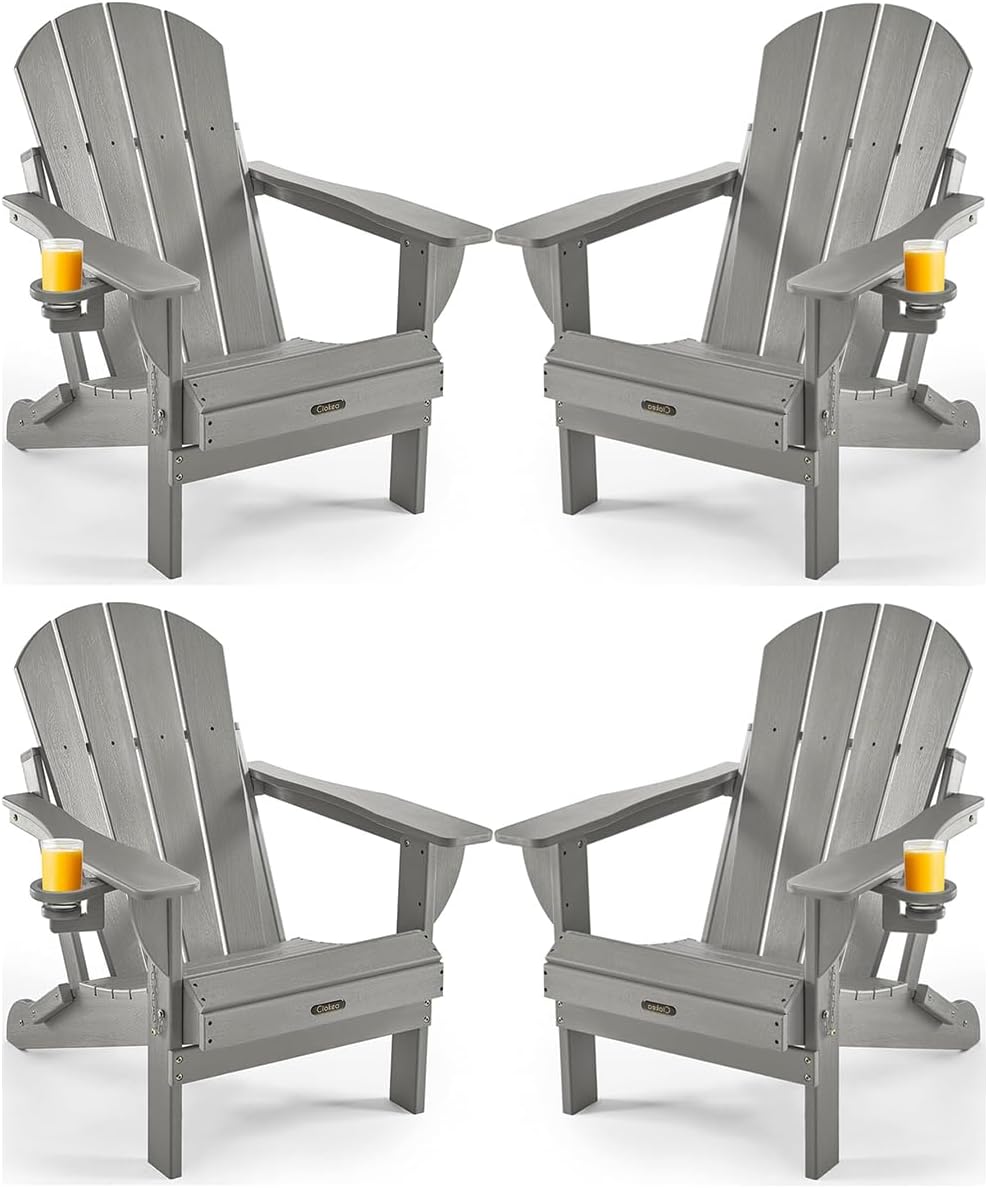 Ciokea Folding Adirondack Chair Wood Texture, Patio Adirondack Chair Weather Resistant, Plastic Fire Pit Chair with Cup Holder, Lawn Chair for Outdoor Porch Garden Backyard Deck (Teak)