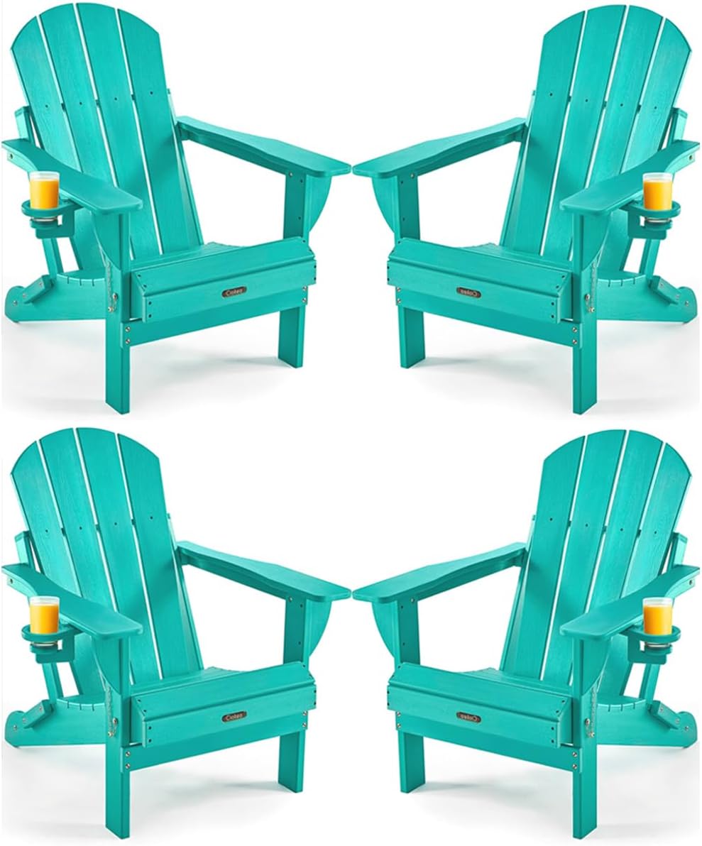 Ciokea Folding Adirondack Chair Wood Texture, Patio Adirondack Chair Weather Resistant, Plastic Fire Pit Chair with Cup Holder, Lawn Chair for Outdoor Porch Garden Backyard Deck (Teak)