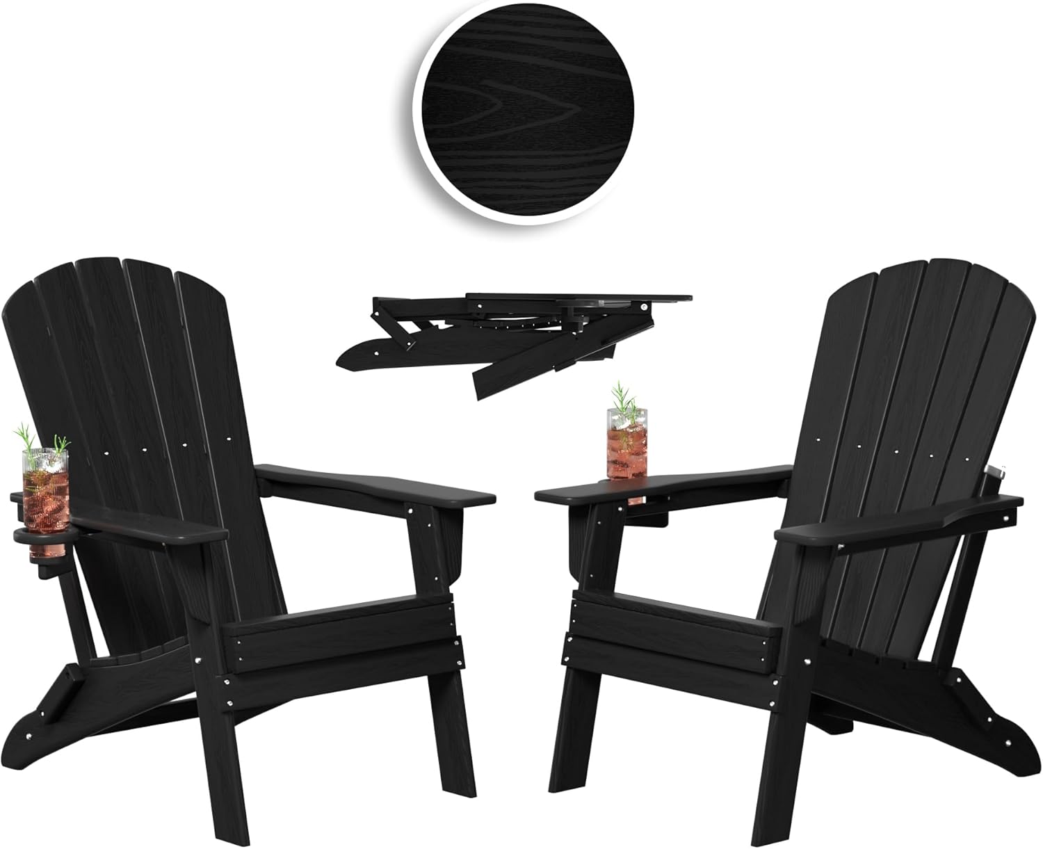 Plawdlik Folding Adirondack Chair, SGS Tested, Wooden Textured with Cup Holder, Heavy All-Weather HDPE Comfortable Set Poolside Backyard Lawn Black