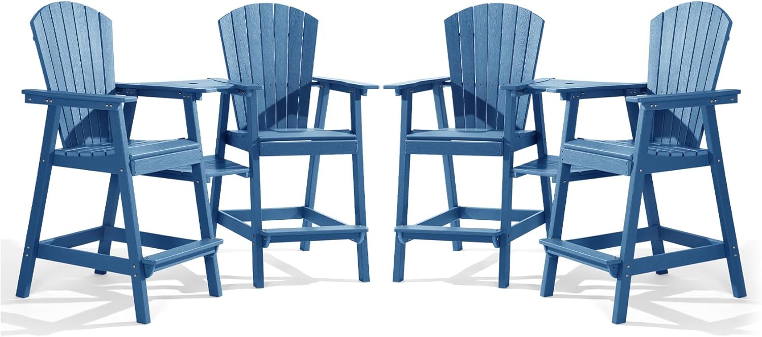 PASAMIC Tall Adirondack Chairs Set of 2, All-Weather HDPE Patio Chairs with Double Connecting Trays, Bar Height Heavy-Duty Outdoor Chairs for Garden, Backyard, Balcony, Blue