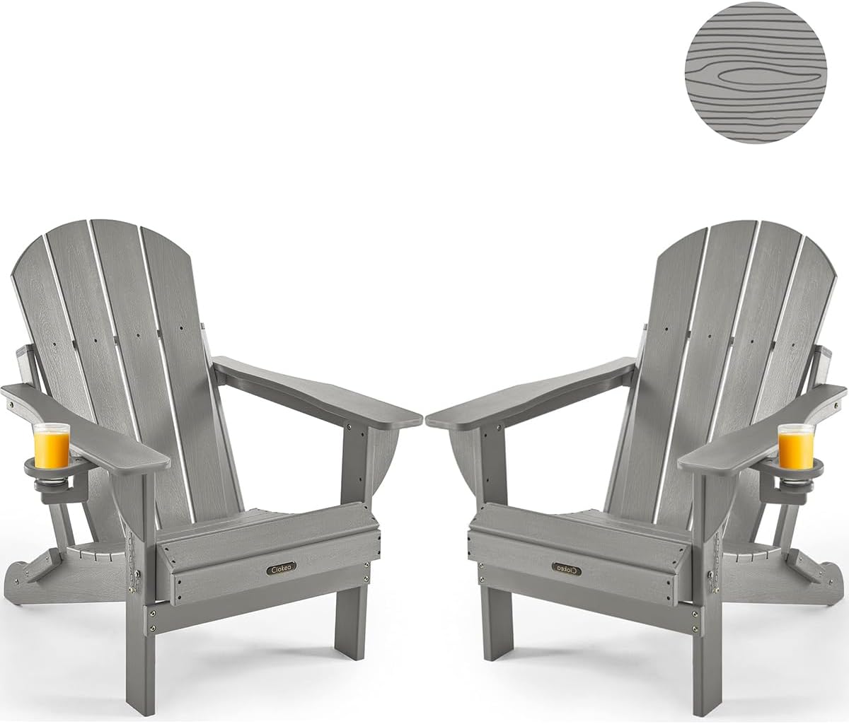 Ciokea Folding Adirondack Chair Wood Texture, Patio Adirondack Chair Weather Resistant, Plastic Fire Pit Chair with Cup Holder, Lawn Chair for Outdoor Porch Garden Backyard Deck (Teak)