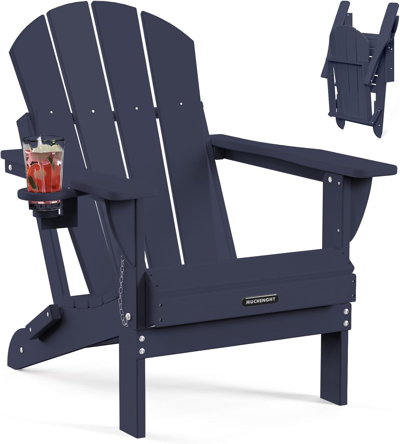 MUCHENGHY Folding Adirondack Chairs 2 Pack, Patio & Outdoor Chairs, Plastic Weather Resistant with Cup Holder for Deck, Backyard, Garden (Black)