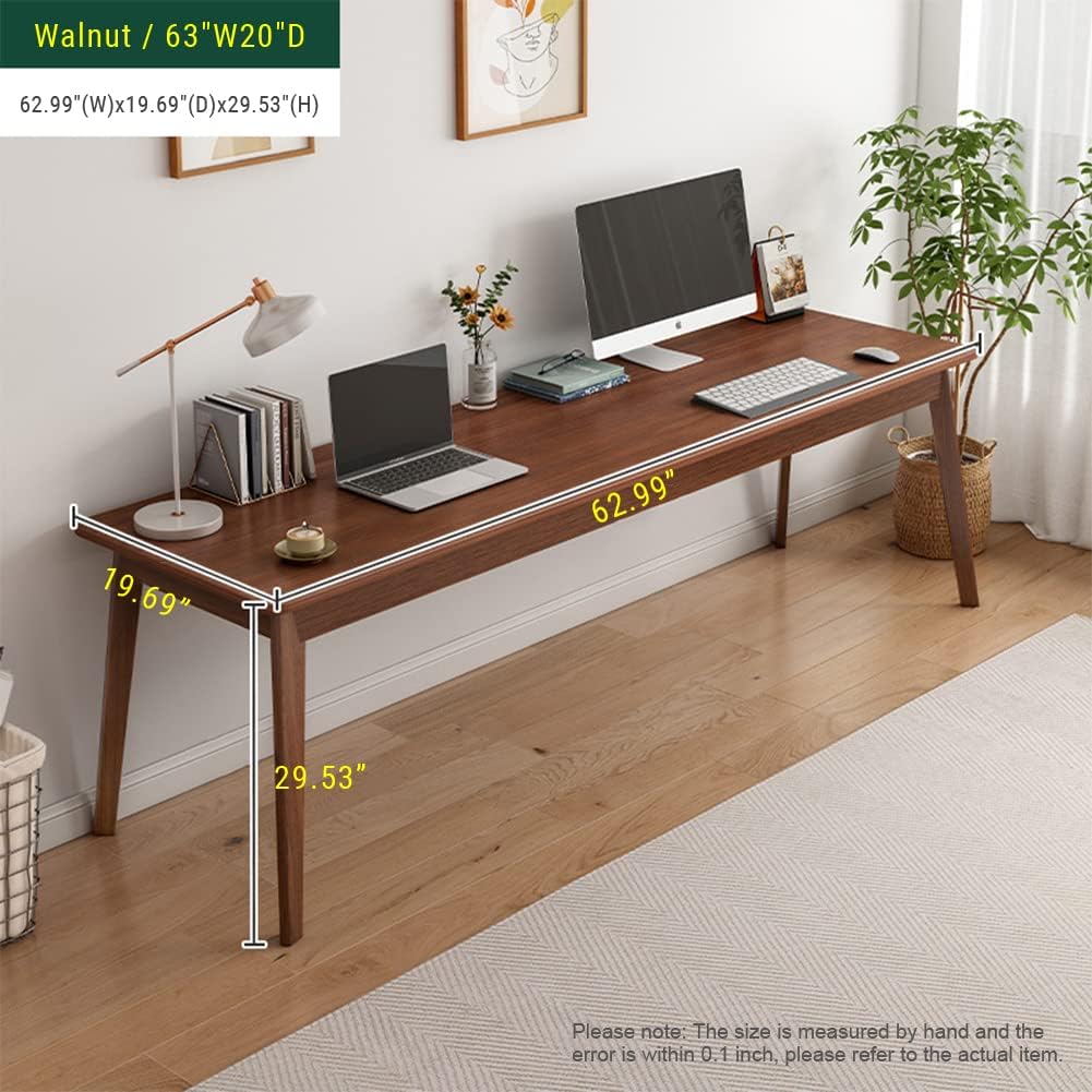 NELYE Mid-Century Long Desk Table - 63" Simple Modern Extra Long 2-Person Wood Computer Workstation for Home Office Work in Walnut, 63" W x 20" D