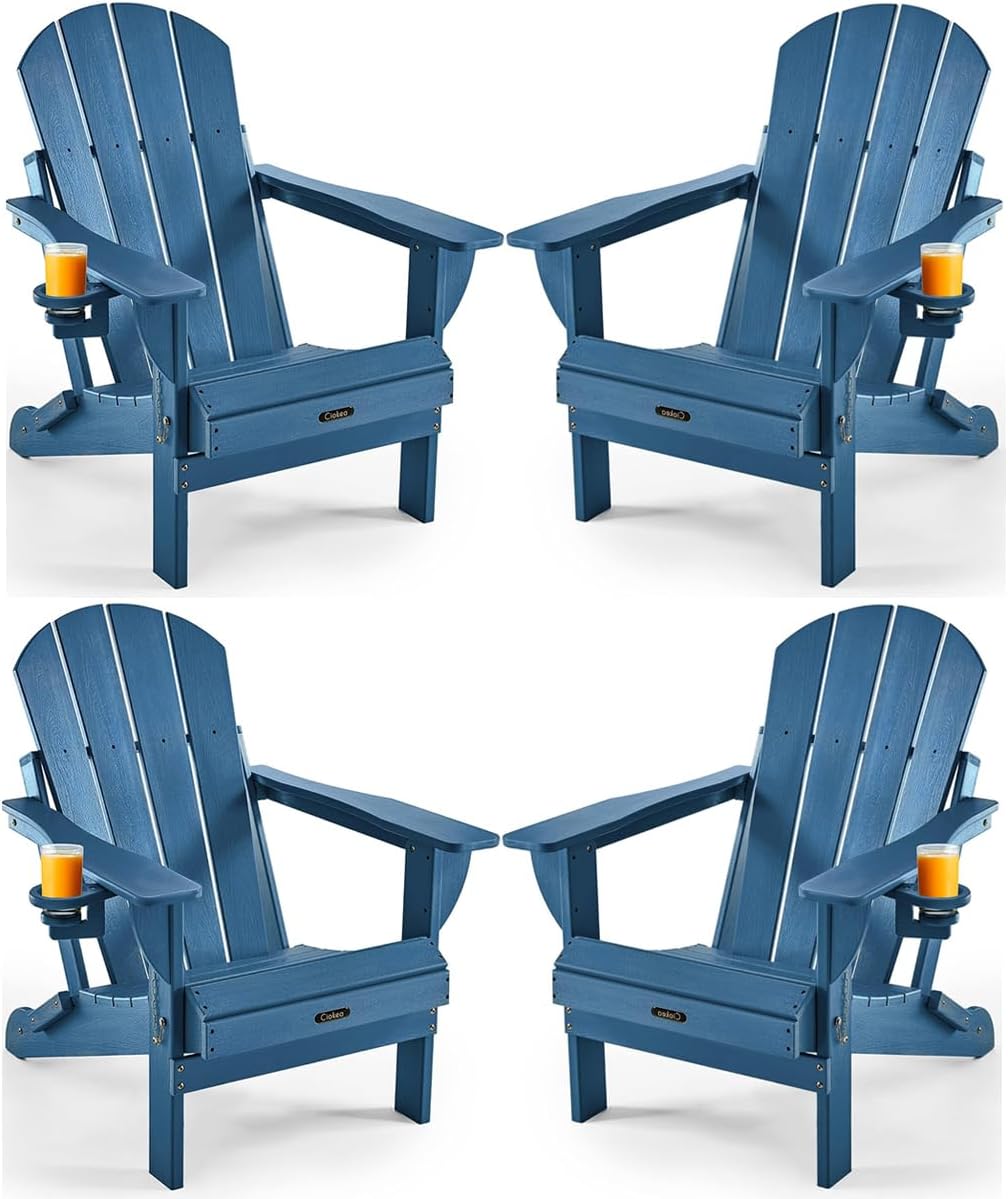 Ciokea Folding Adirondack Chair Wood Texture, Patio Adirondack Chair Weather Resistant, Plastic Fire Pit Chair with Cup Holder, Lawn Chair for Outdoor Porch Garden Backyard Deck (Teak)