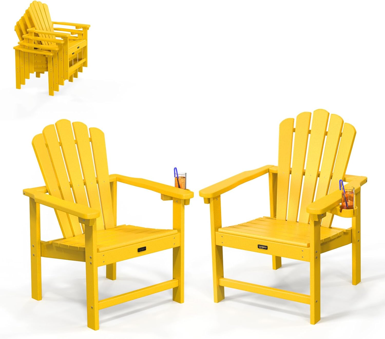 VINGLI Plastic Folding Adirondack Chair with Cup Holder, 100% Recyclable HDPE Material, 380lb Weight Capacity for Outdoor Pool Patio Lounge Chair Lawn Furniture Fire Pit, 1 Pack, Lemon Yellow