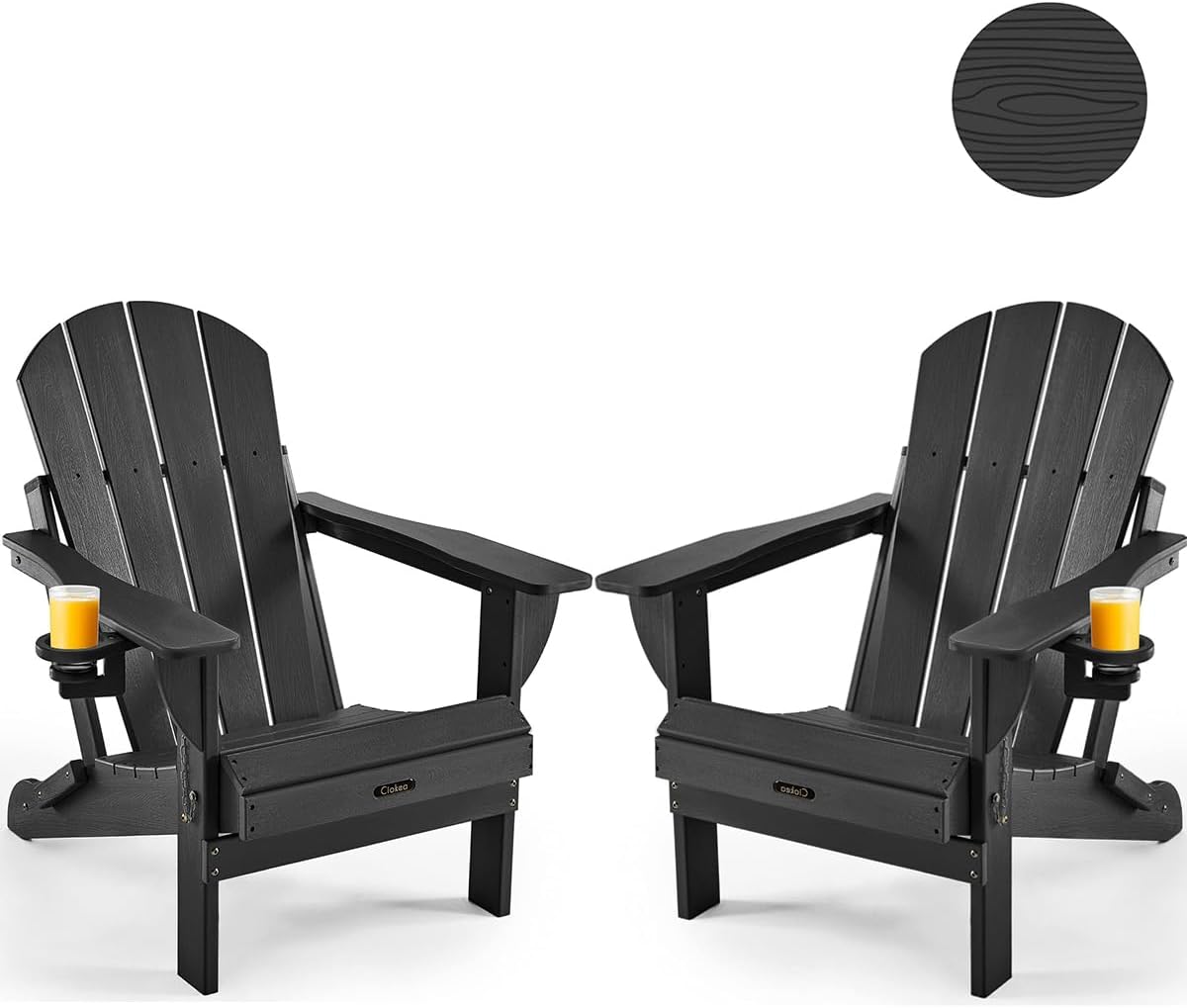 Ciokea Folding Adirondack Chair Wood Texture, Patio Adirondack Chair Weather Resistant, Plastic Fire Pit Chair with Cup Holder, Lawn Chair for Outdoor Porch Garden Backyard Deck (Teak)