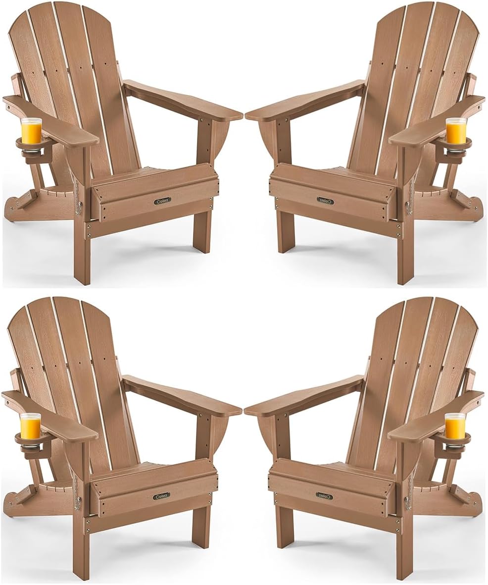 Ciokea Folding Adirondack Chair Wood Texture, Patio Adirondack Chair Weather Resistant, Plastic Fire Pit Chair with Cup Holder, Lawn Chair for Outdoor Porch Garden Backyard Deck (Teak)