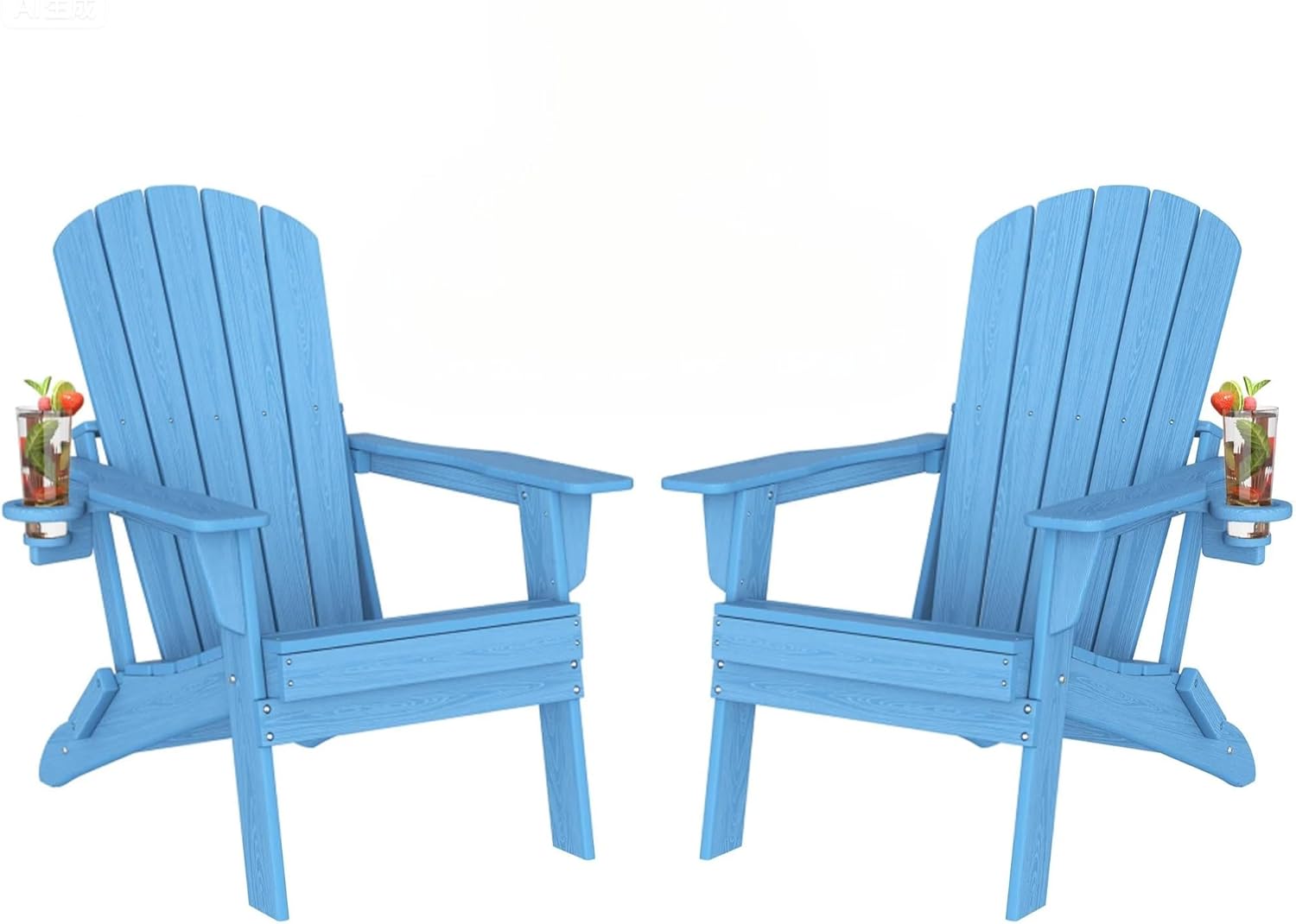 Plawdlik Folding Adirondack Chair, SGS Tested, Wooden Textured with Cup Holder, Heavy All-Weather HDPE Comfortable Set Poolside Backyard Lawn Black