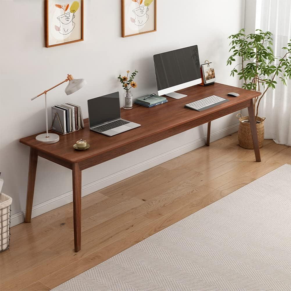NELYE Mid-Century Long Desk Table - 63" Simple Modern Extra Long 2-Person Wood Computer Workstation for Home Office Work in Walnut, 63" W x 20" D