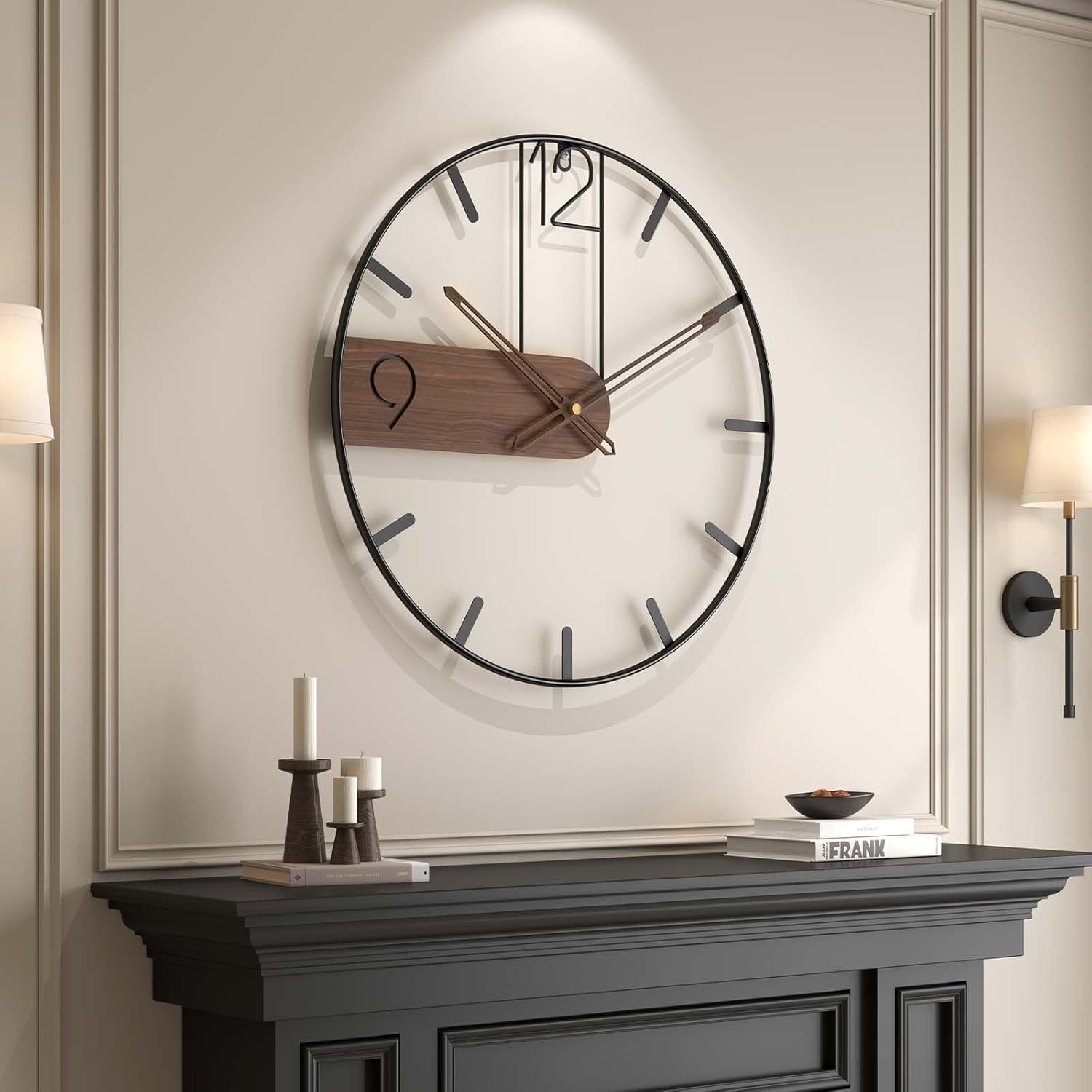 Cuspin Large Wall Clock for Living Room Decor, 30 Inch Decorative Wall Clocks Battery-Operated Silent Non Ticking Metal Modern Black Round Clock Arabic Numerals