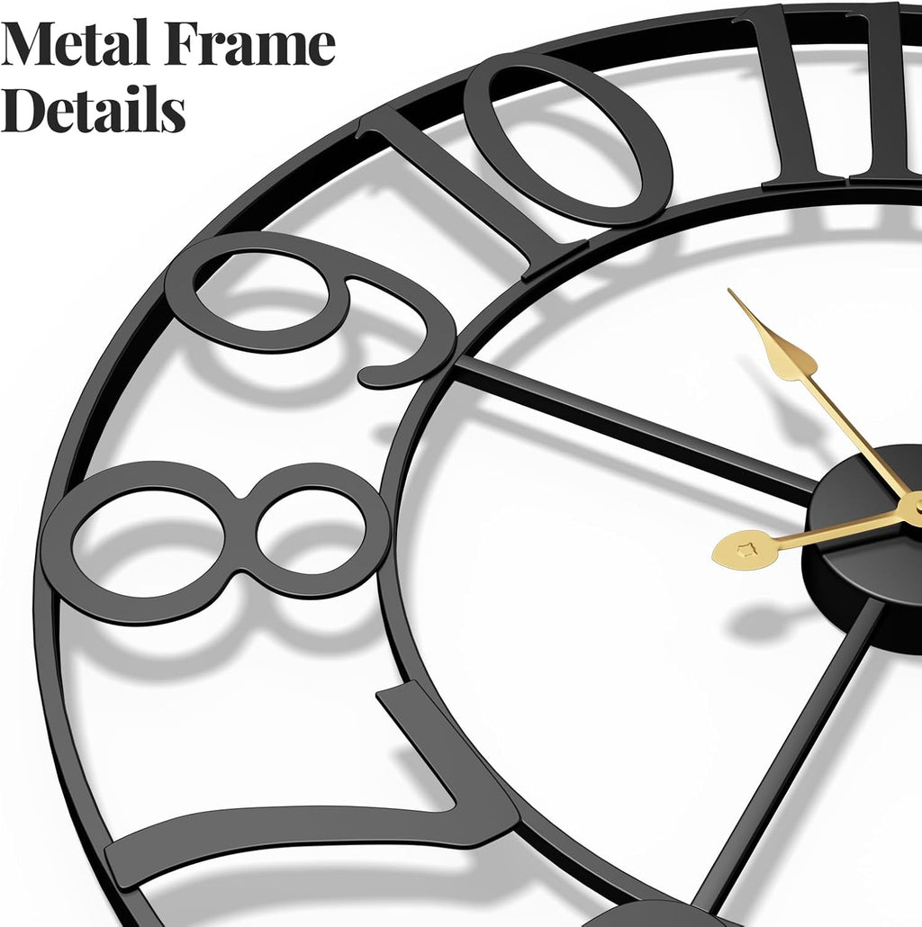 Cuspin Large Wall Clock for Living Room Decor, 30 Inch Decorative Wall Clocks Battery-Operated Silent Non Ticking Metal Modern Black Round Clock Arabic Numerals