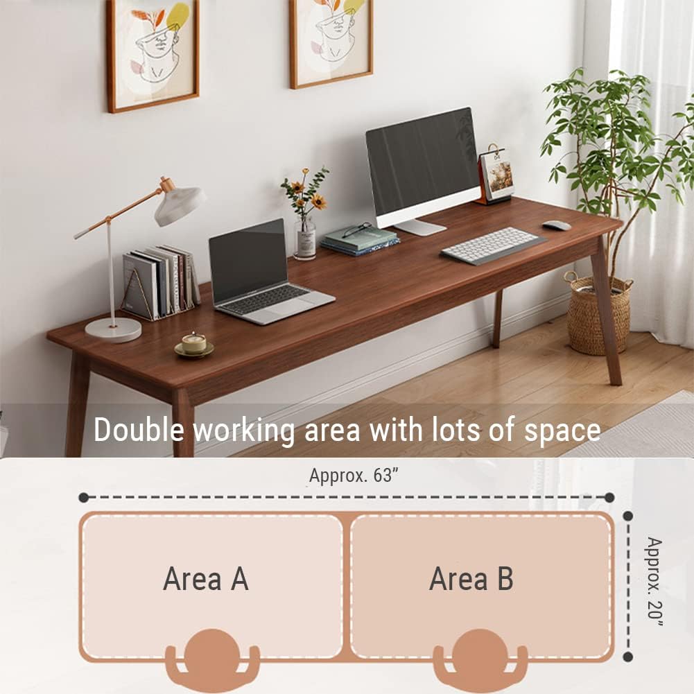 NELYE Mid-Century Long Desk Table - 63" Simple Modern Extra Long 2-Person Wood Computer Workstation for Home Office Work in Walnut, 63" W x 20" D