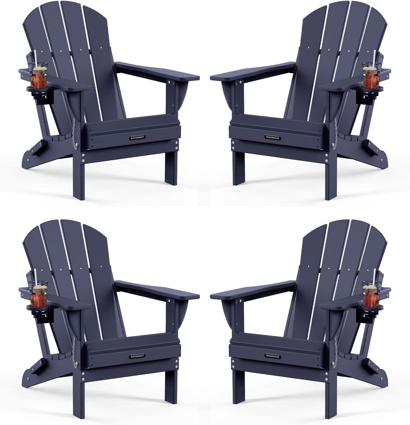 MUCHENGHY Folding Adirondack Chairs 2 Pack, Patio & Outdoor Chairs, Plastic Weather Resistant with Cup Holder for Deck, Backyard, Garden (Black)