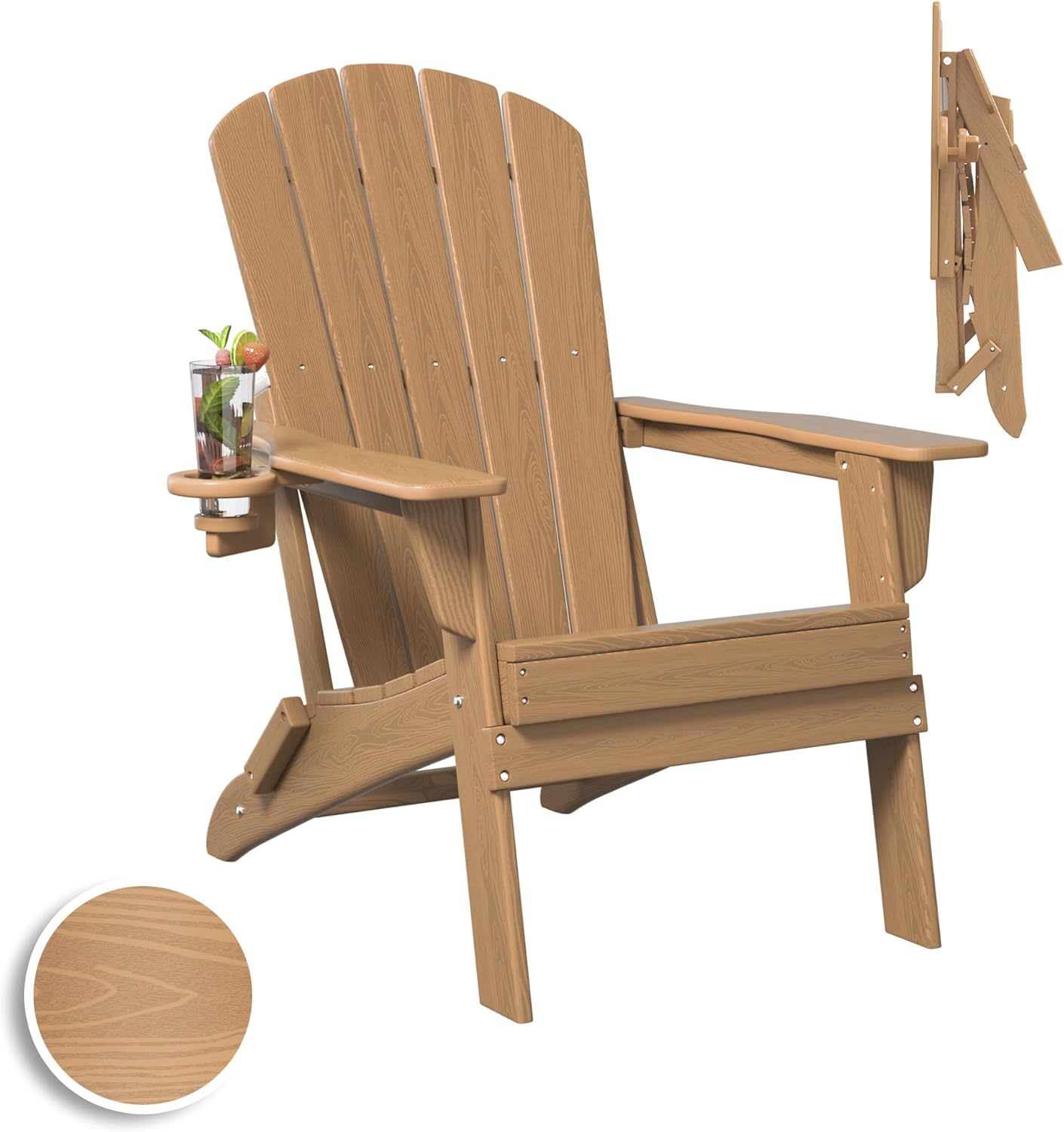Plawdlik Folding Adirondack Chair, SGS Tested, Wooden Textured with Cup Holder, Heavy All-Weather HDPE Comfortable Set Poolside Backyard Lawn Black