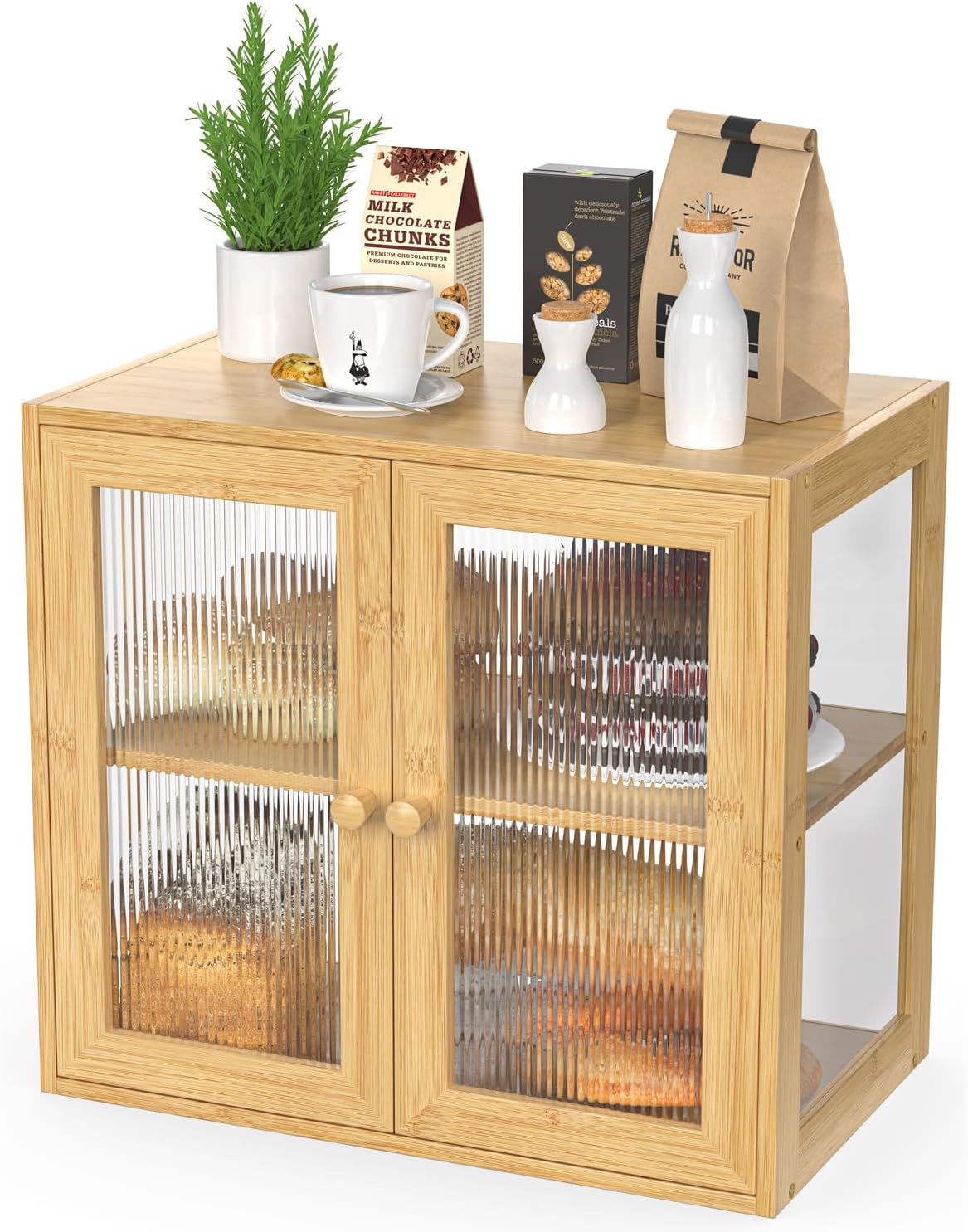 BAMBANG Extra Large Bamboo Bread Box for Kitchen Counter, Double Layer Bread Storage Container Farmhouse Bread Box with 4 Sides Transparency, Breadbox Bin Holder for Homemade Bread, Natural