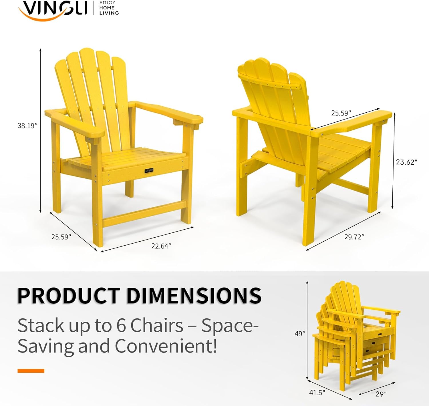 VINGLI Plastic Folding Adirondack Chair with Cup Holder, 100% Recyclable HDPE Material, 380lb Weight Capacity for Outdoor Pool Patio Lounge Chair Lawn Furniture Fire Pit, 1 Pack, Lemon Yellow