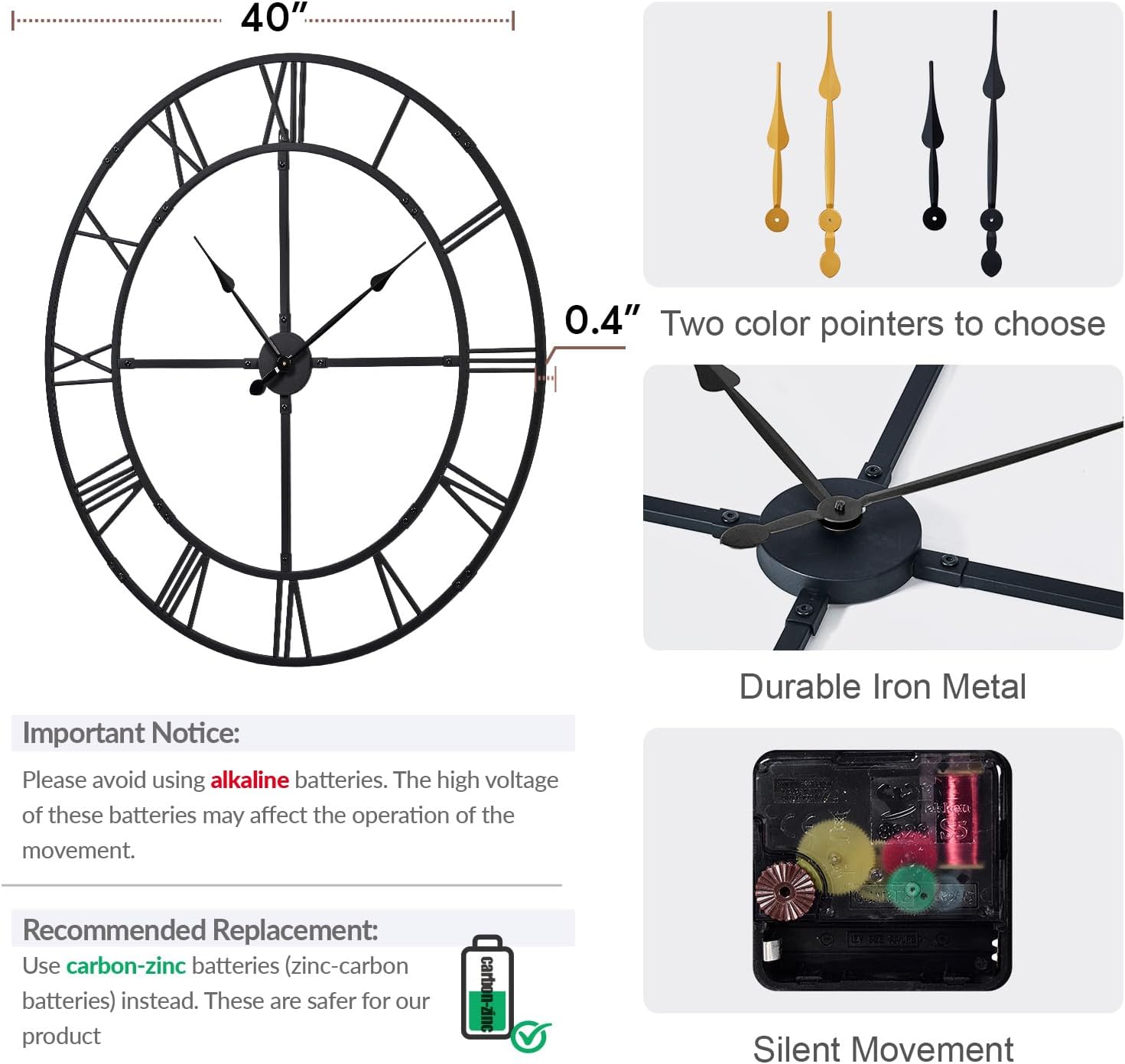 Ohweog Extra Large 40 Inch Wall Clock for Living Room Decor – Silent Non-Ticking Modern Farmhouse Wall Clock, Oversized Decorative Metal Roman Numeral Clock, Black