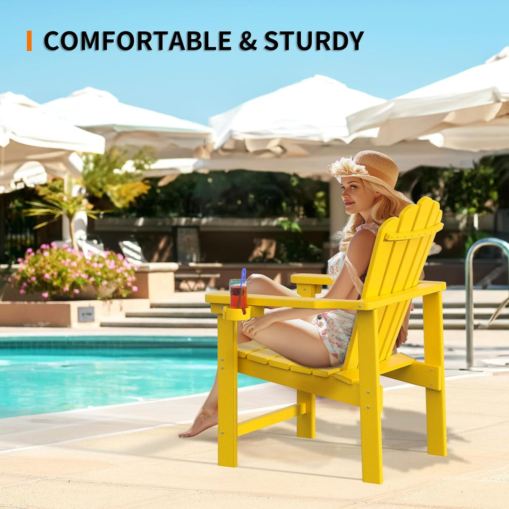 VINGLI Plastic Folding Adirondack Chair with Cup Holder, 100% Recyclable HDPE Material, 380lb Weight Capacity for Outdoor Pool Patio Lounge Chair Lawn Furniture Fire Pit, 1 Pack, Lemon Yellow