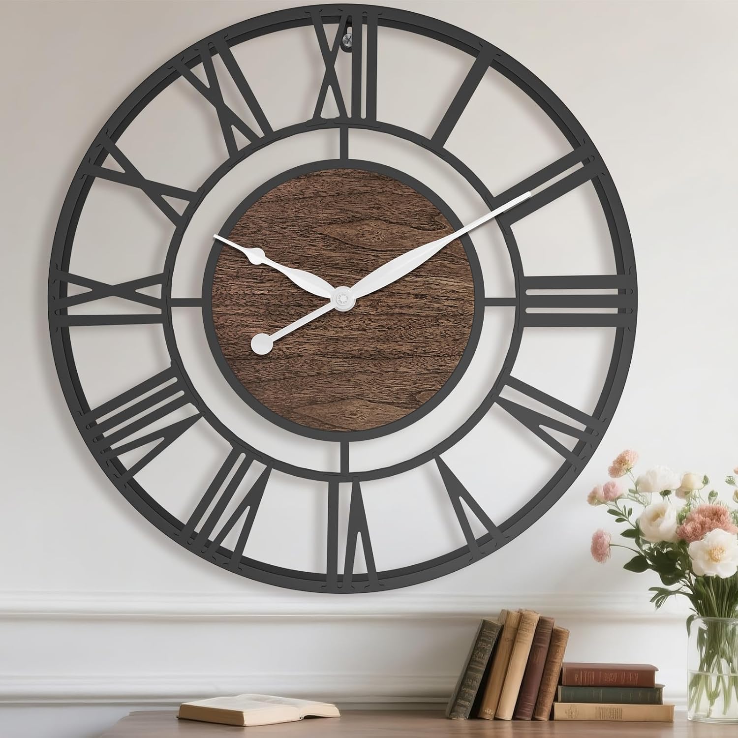 Pytha Sight 30 Inch Extra Large Giant Wall Clock,Oversized Round Silent Vintage Industrial Black Metal Farmhouse Big Roman Numeral Wall Clocks for Living Room,Kitchen,Bedroom Home Decor