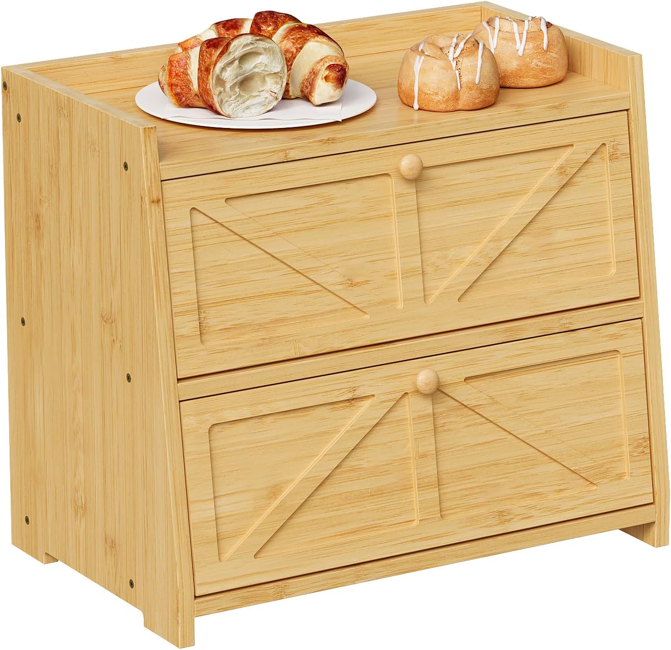 Trironsun Vintage Double Layer Bread Box for Kitchen Counter Bamboo Bread Storage Container Large Capacity Bread Storage Bin (Antique White)