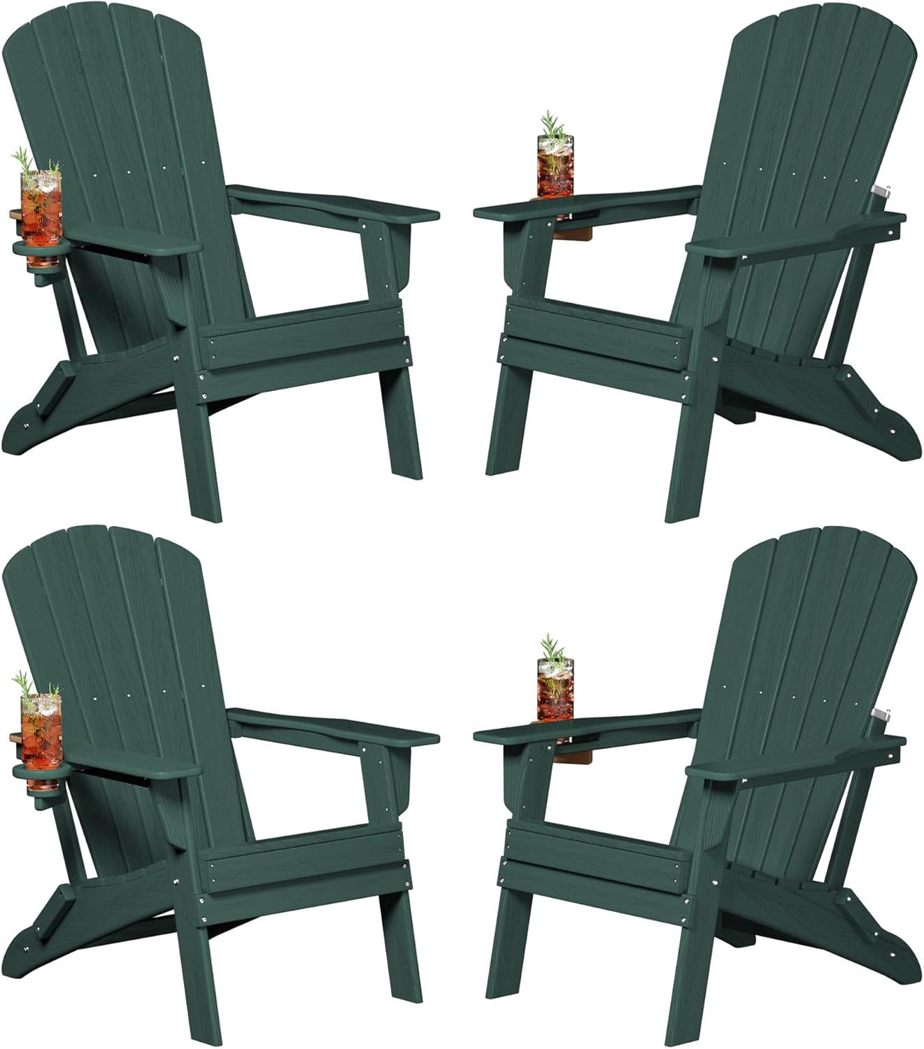 Plawdlik Folding Adirondack Chair, SGS Tested, Wooden Textured with Cup Holder, Heavy All-Weather HDPE Comfortable Set Poolside Backyard Lawn Black