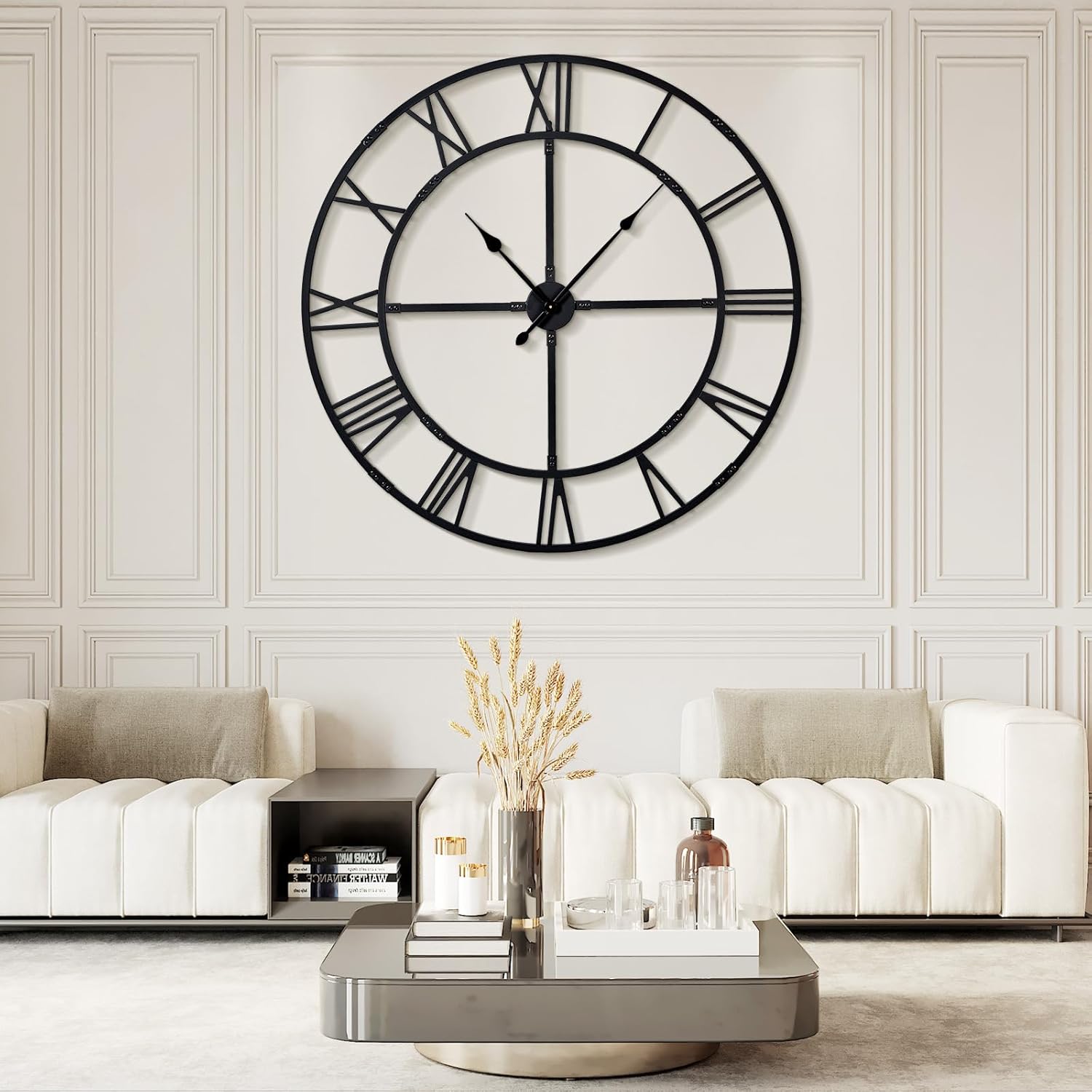 Ohweog Extra Large 40 Inch Wall Clock for Living Room Decor – Silent Non-Ticking Modern Farmhouse Wall Clock, Oversized Decorative Metal Roman Numeral Clock, Black