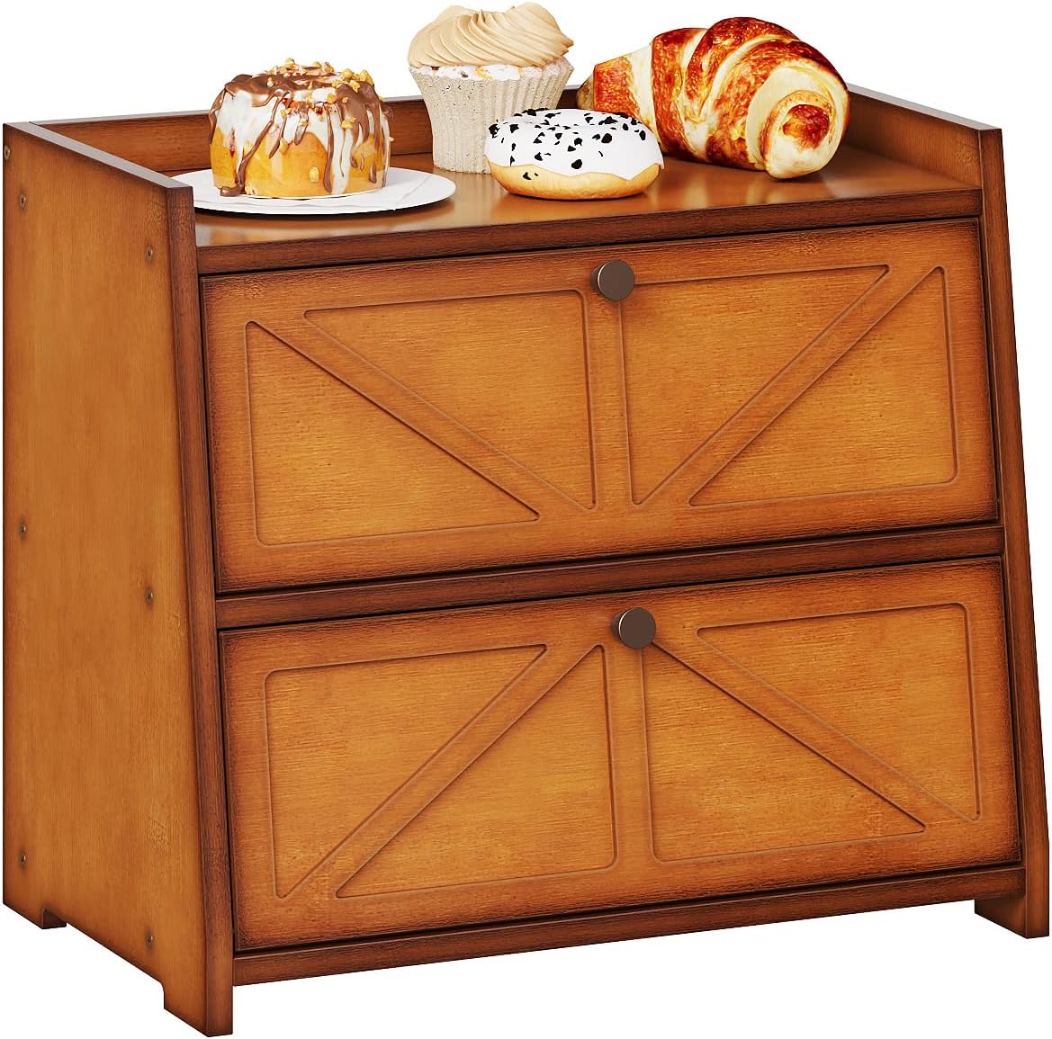 Trironsun Vintage Double Layer Bread Box for Kitchen Counter Bamboo Bread Storage Container Large Capacity Bread Storage Bin (Antique White)