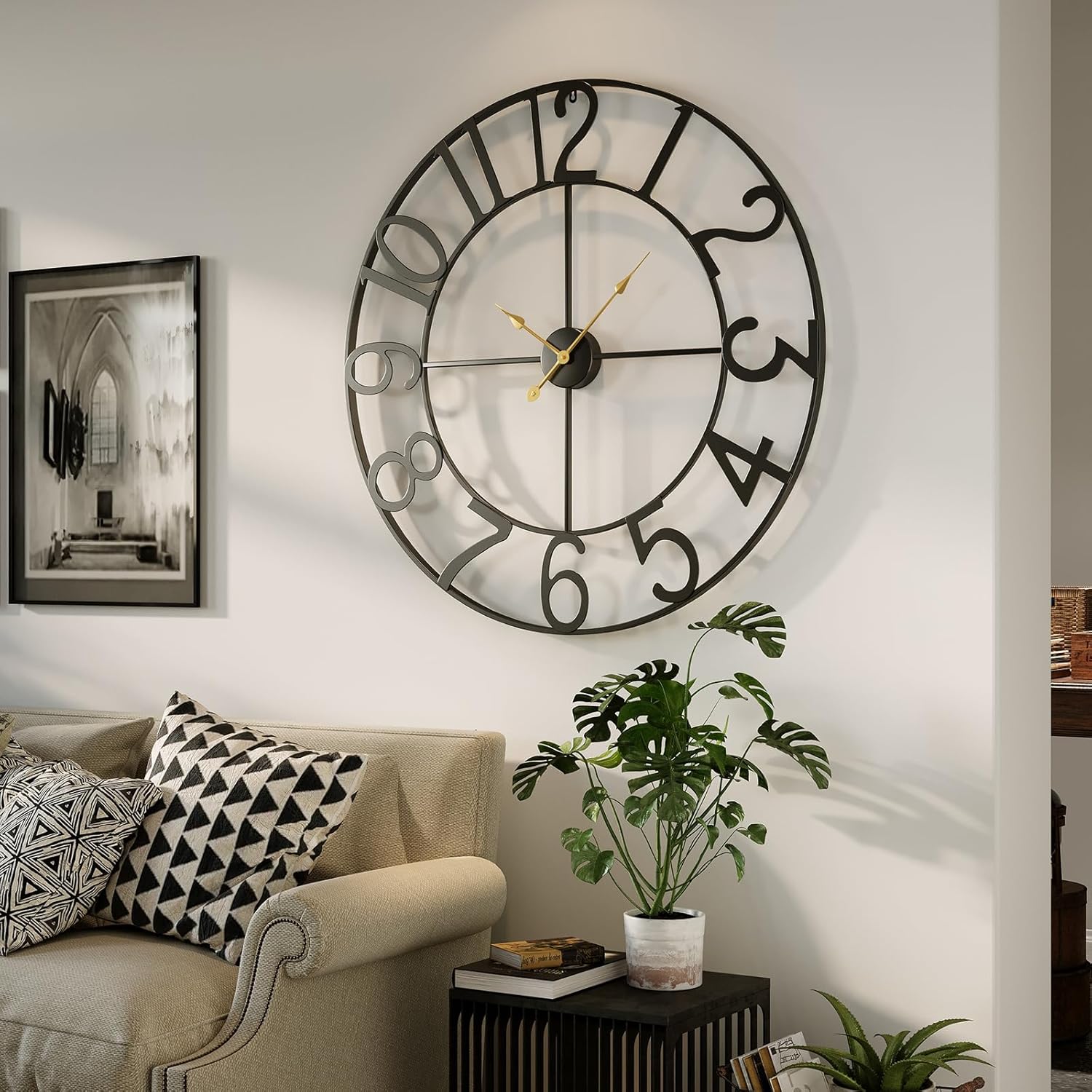 Cuspin Large Wall Clock for Living Room Decor, 30 Inch Decorative Wall Clocks Battery-Operated Silent Non Ticking Metal Modern Black Round Clock Arabic Numerals