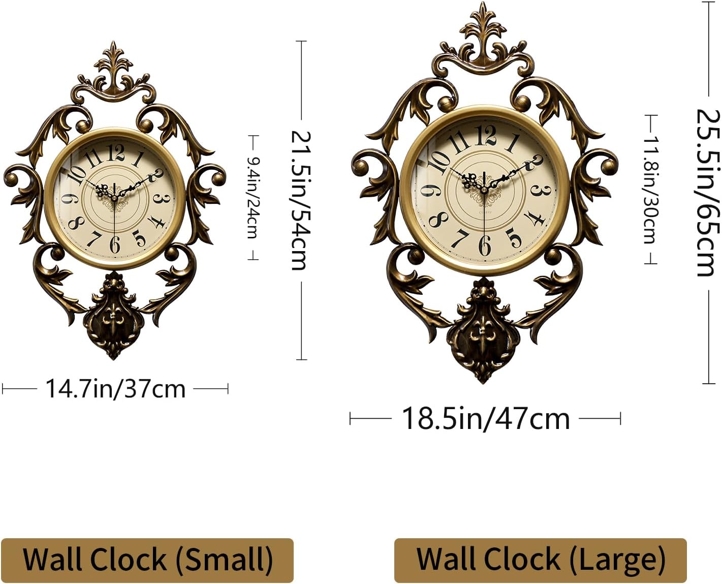 HEBOIX Vintage Wall Clock, Antique Decor, Battery Operated,Non Ticking European Style Metal Wall Clock, 26" x 19" Decorative Retro,Bedroom/Living Room/Kitchen