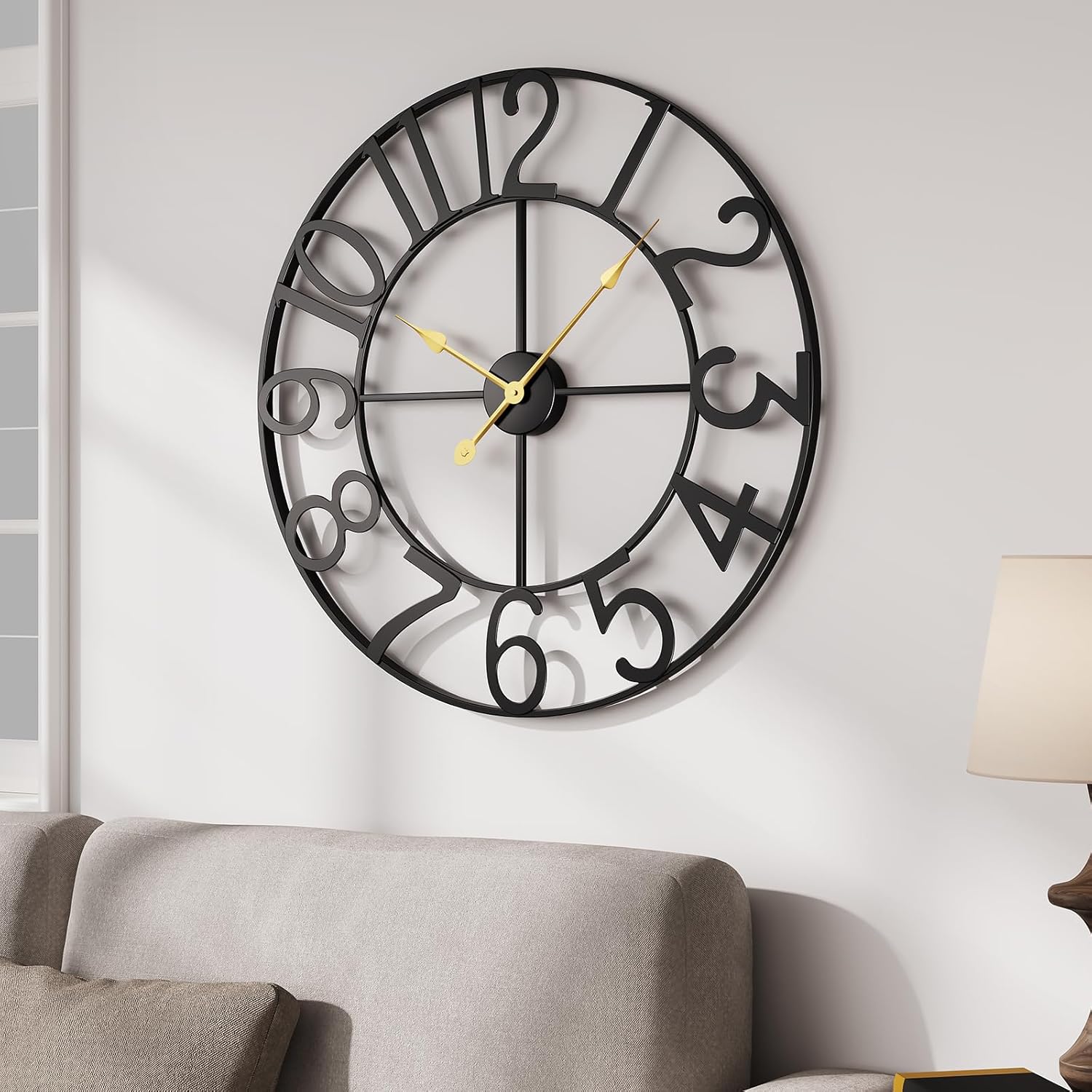 Cuspin Large Wall Clock for Living Room Decor, 30 Inch Decorative Wall Clocks Battery-Operated Silent Non Ticking Metal Modern Black Round Clock Arabic Numerals