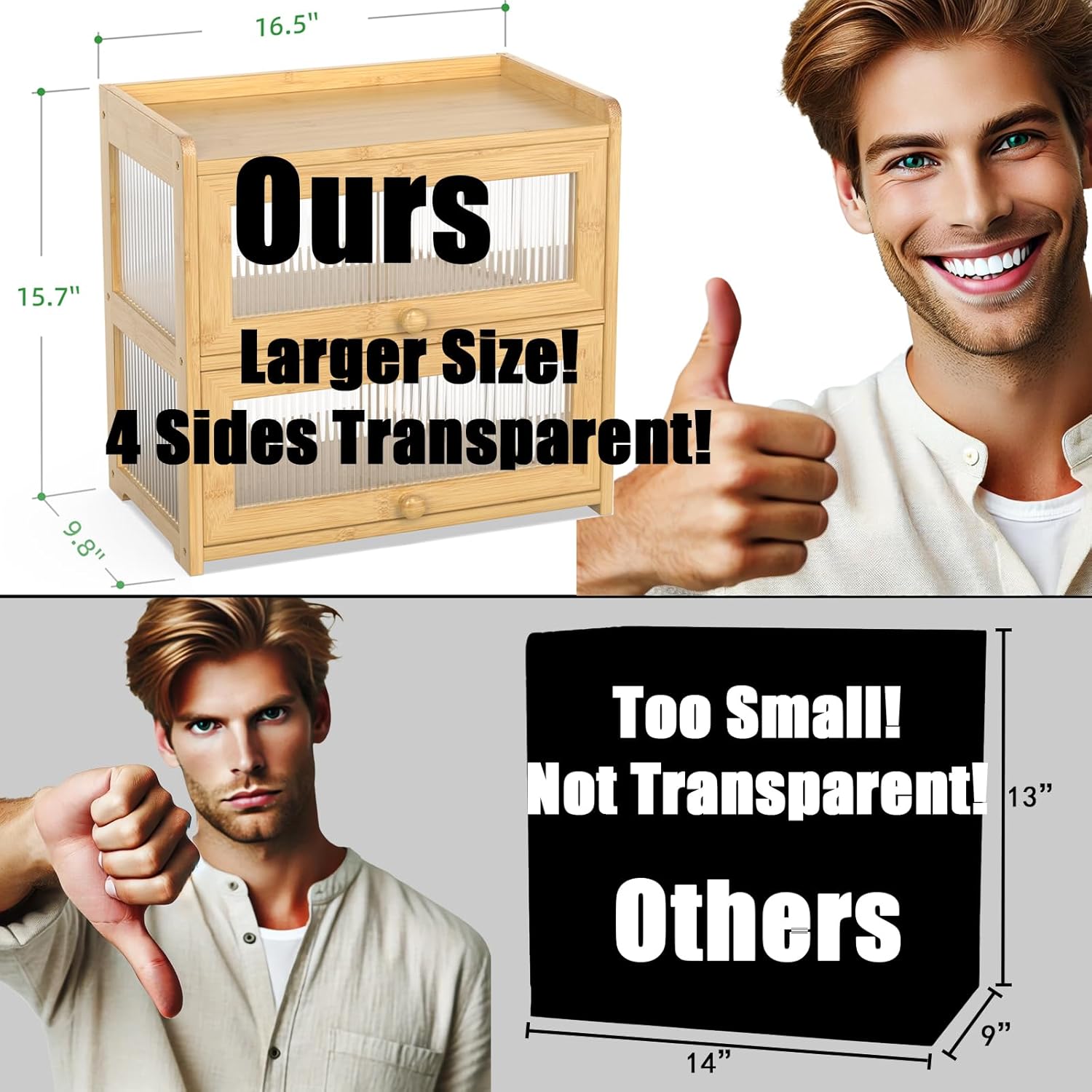 BAMBANG Extra Large Bamboo Bread Box for Kitchen Counter, Double Layer Bread Storage Container Farmhouse Bread Box with 4 Sides Transparency, Breadbox Bin Holder for Homemade Bread, Natural