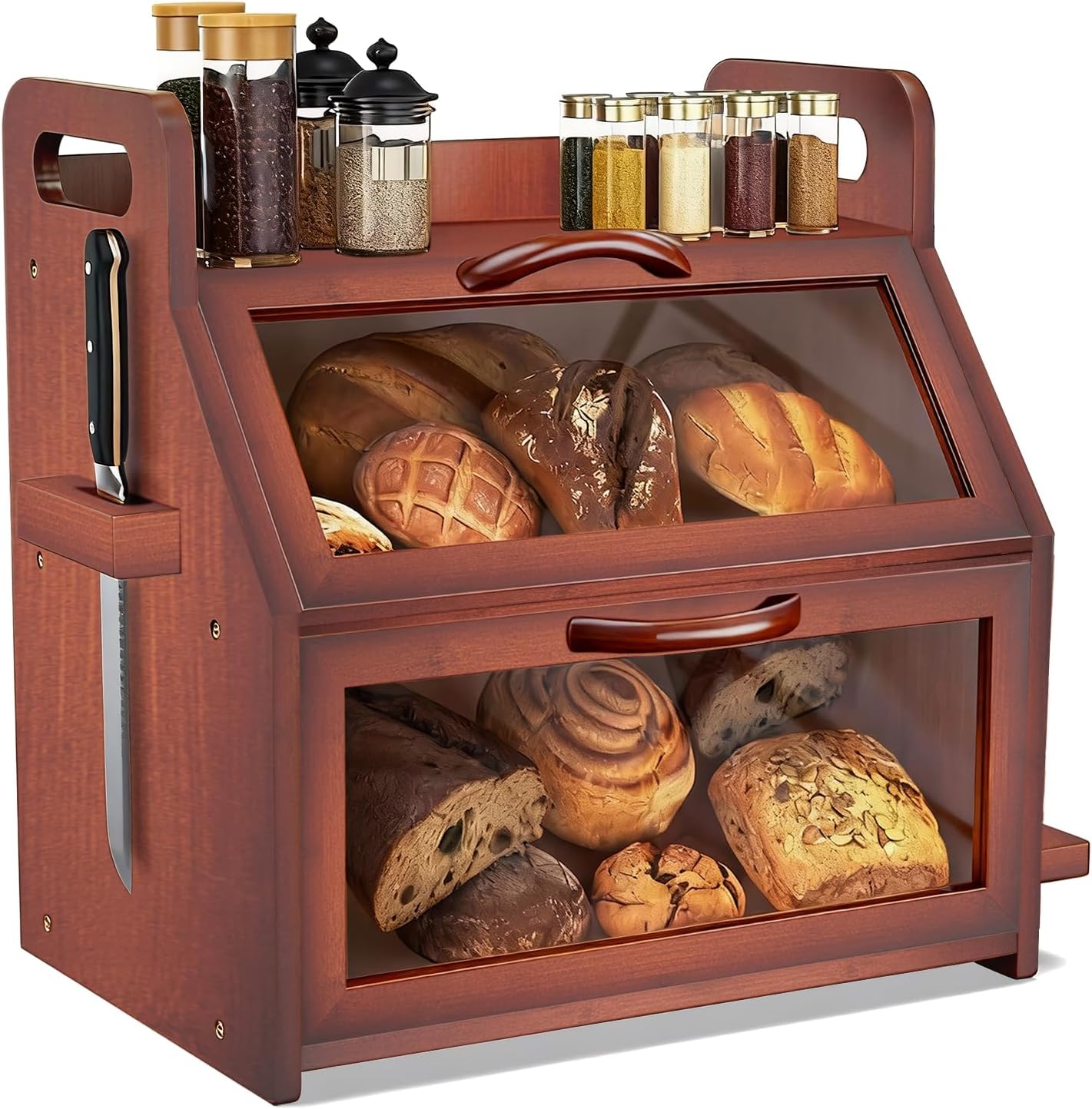 BAMBANG Extra Large Bread Box, Double Layer Bread Box for Homemade Bread, Bamboo Wooden Bread Storage Container with Tool Holder & Handles & Window, Assembly Required(14.9" x 11" x 15.3") Natural