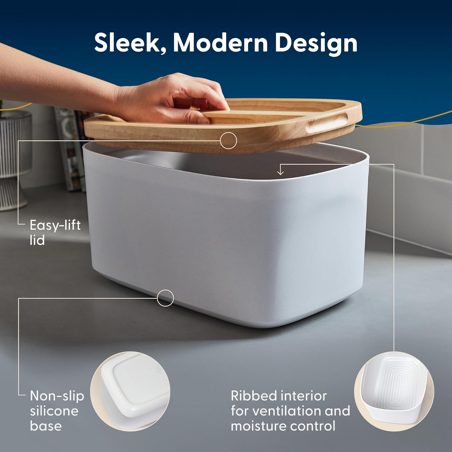 Sonder Los Angeles Union Large Bread Box | Fits Full Sourdough Loaves and More | Breadbox with Cutting Board | Homemade Bread Bin Storage Container | 14.25x9.25x7 in | White