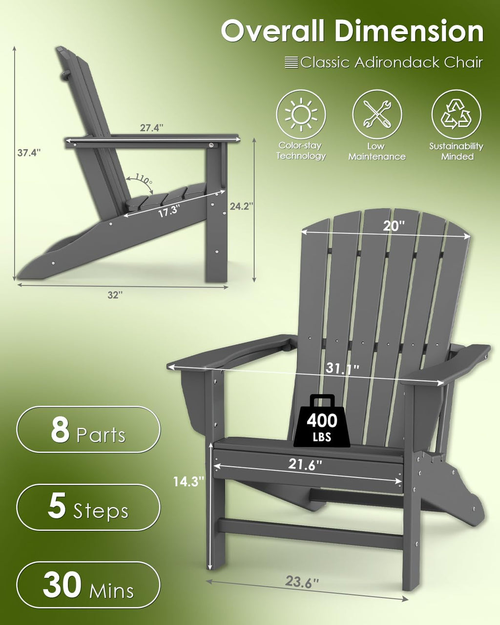 GREENVINES Adirondack Chairs Set of 4 | HDPE Plastic | Oversized Fire Pit Chair | All Weather | Grey | Poly Lumber | for Outdoor Deck Backyard Patio Garden