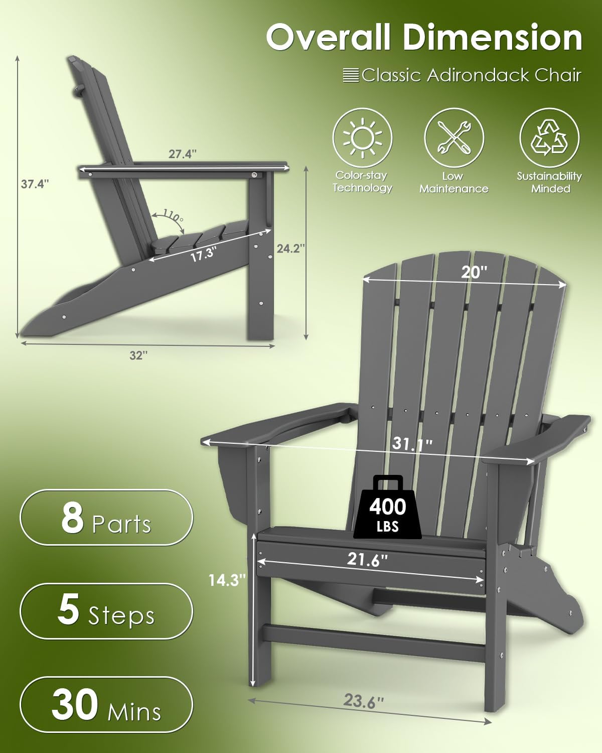 GREENVINES Adirondack Chairs Set of 4 | HDPE Plastic | Oversized Fire Pit Chair | All Weather | Grey | Poly Lumber | for Outdoor Deck Backyard Patio Garden