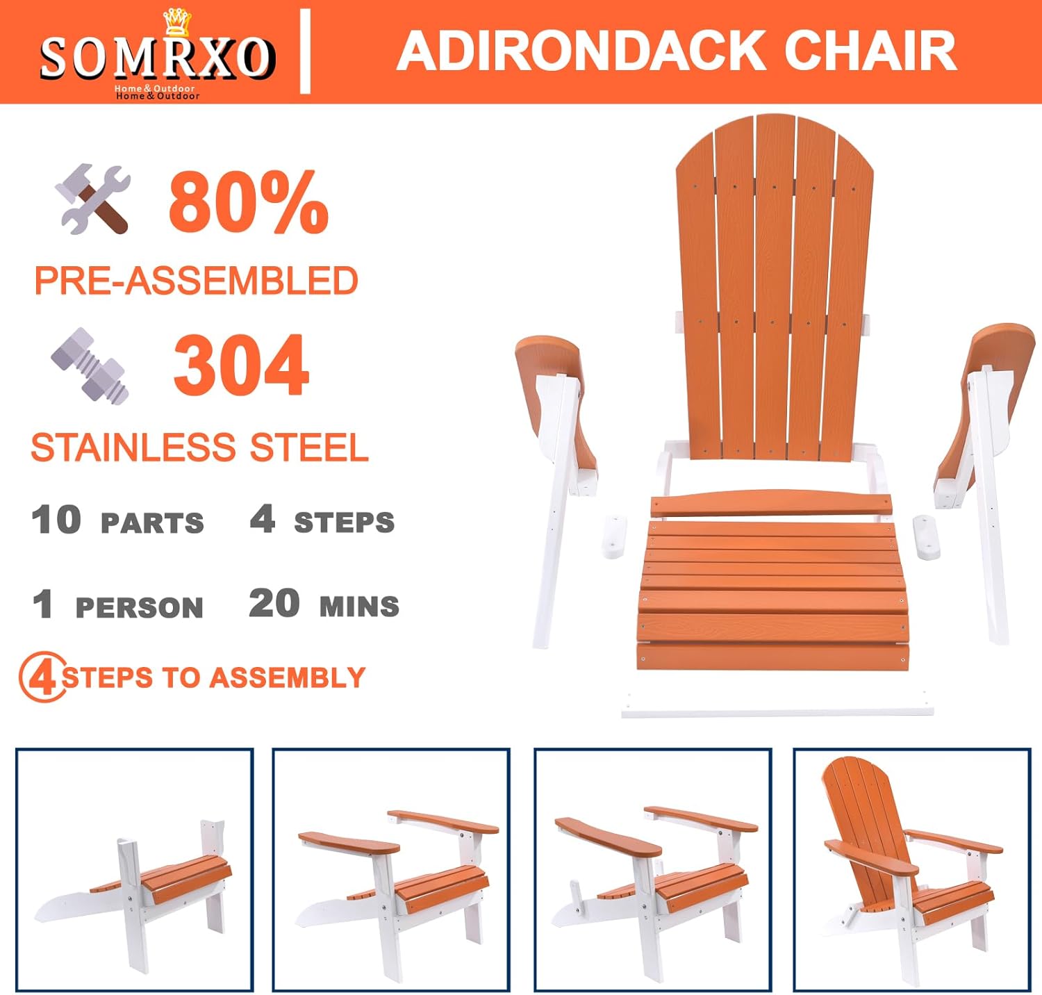 SOMRXO Foldable Adirondack Chair - HDPE Adirondack Patio Chairs,All-Weather Resistant Outdoor Fire Pit Chairs, Durable Composite Plastic Chair for Patio,Garden & Gatherings(White & Orange)