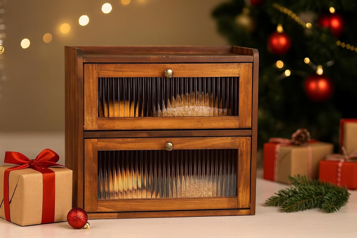 Sunhoo Bread Box for Kitchen Countertop Wooden Bread Storage Container Bin 2 Layer Breadbox Holder Large Capacity Keeper Vintage Farmhouse Food Organizer Pantry Shelf Acrylic Window (Brown)