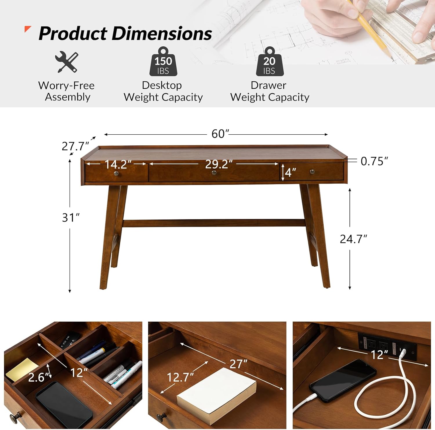 HULALA HOME Home Office Desk with 3 Drawers & Solid Wood Legs, Writing Table with Charging Station & Cable Management, Mid Century Modern Desk for Bedroom/Living Room/Study/Workstation, Walnut