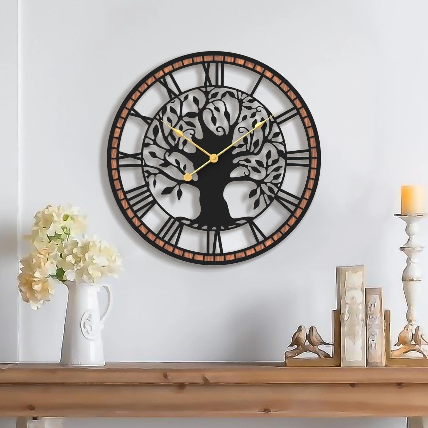 Micasso Non-Ticking Large Wall Clock: 24Inch Tree of Life Metal Black with Solid Wood Frame - Silent Battery Operated Clock for Living Room/Office/Bedroom/Kitchen - Home Decor for Fashion-Conscious