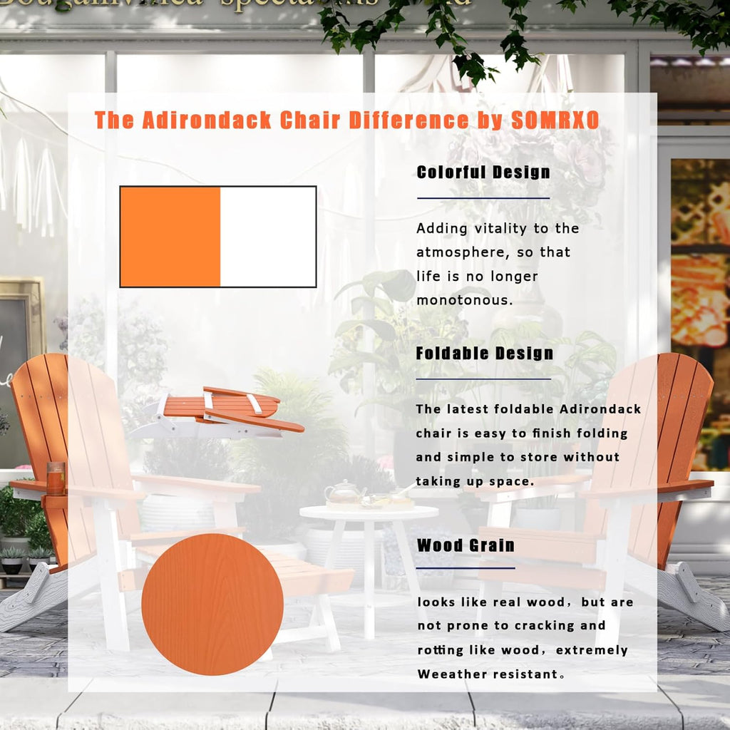 SOMRXO Foldable Adirondack Chair - HDPE Adirondack Patio Chairs,All-Weather Resistant Outdoor Fire Pit Chairs, Durable Composite Plastic Chair for Patio,Garden & Gatherings(White & Orange)
