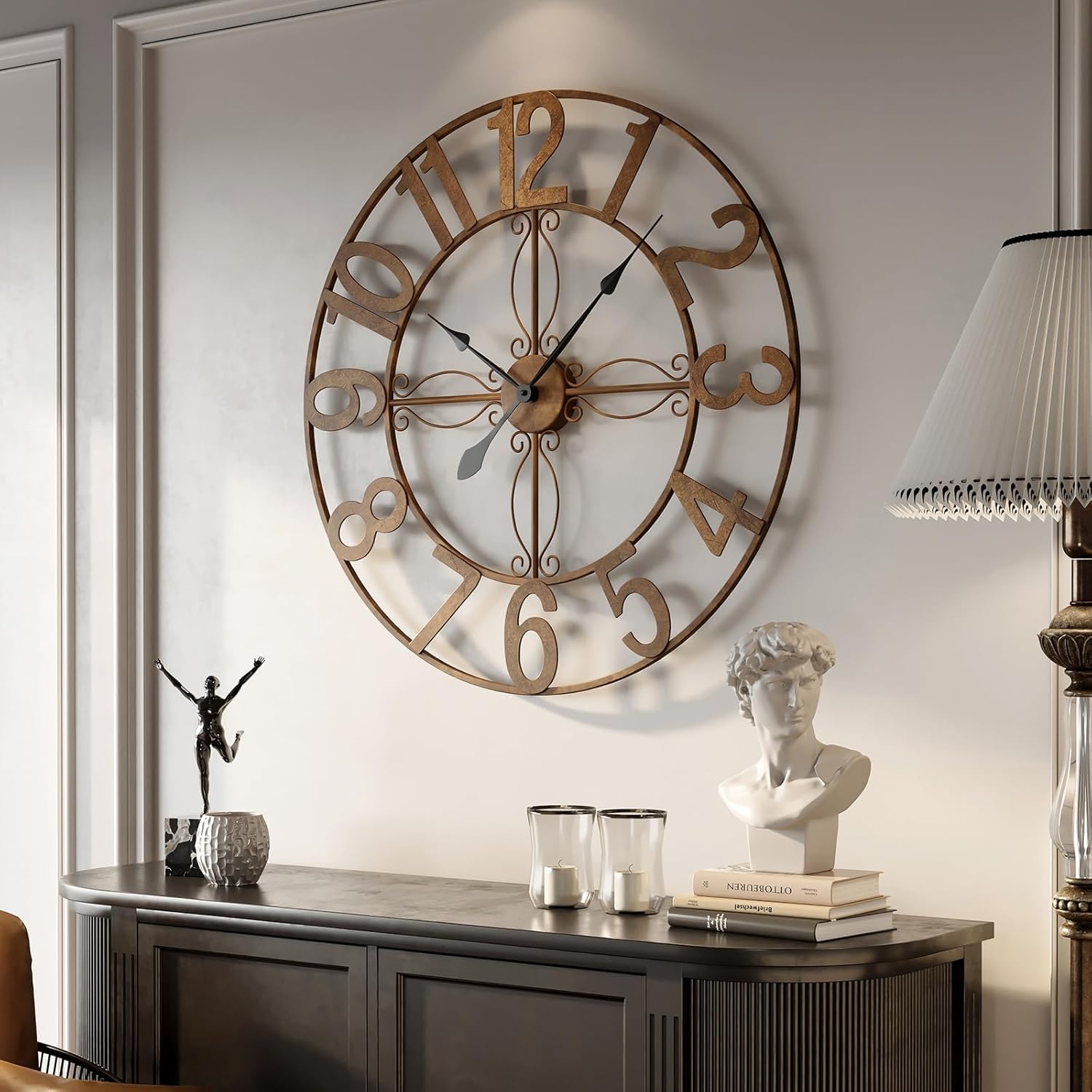 Cuspin Large Wall Clock for Living Room Decor, 30 Inch Decorative Wall Clocks Battery-Operated Silent Non Ticking Metal Modern Black Round Clock Arabic Numerals