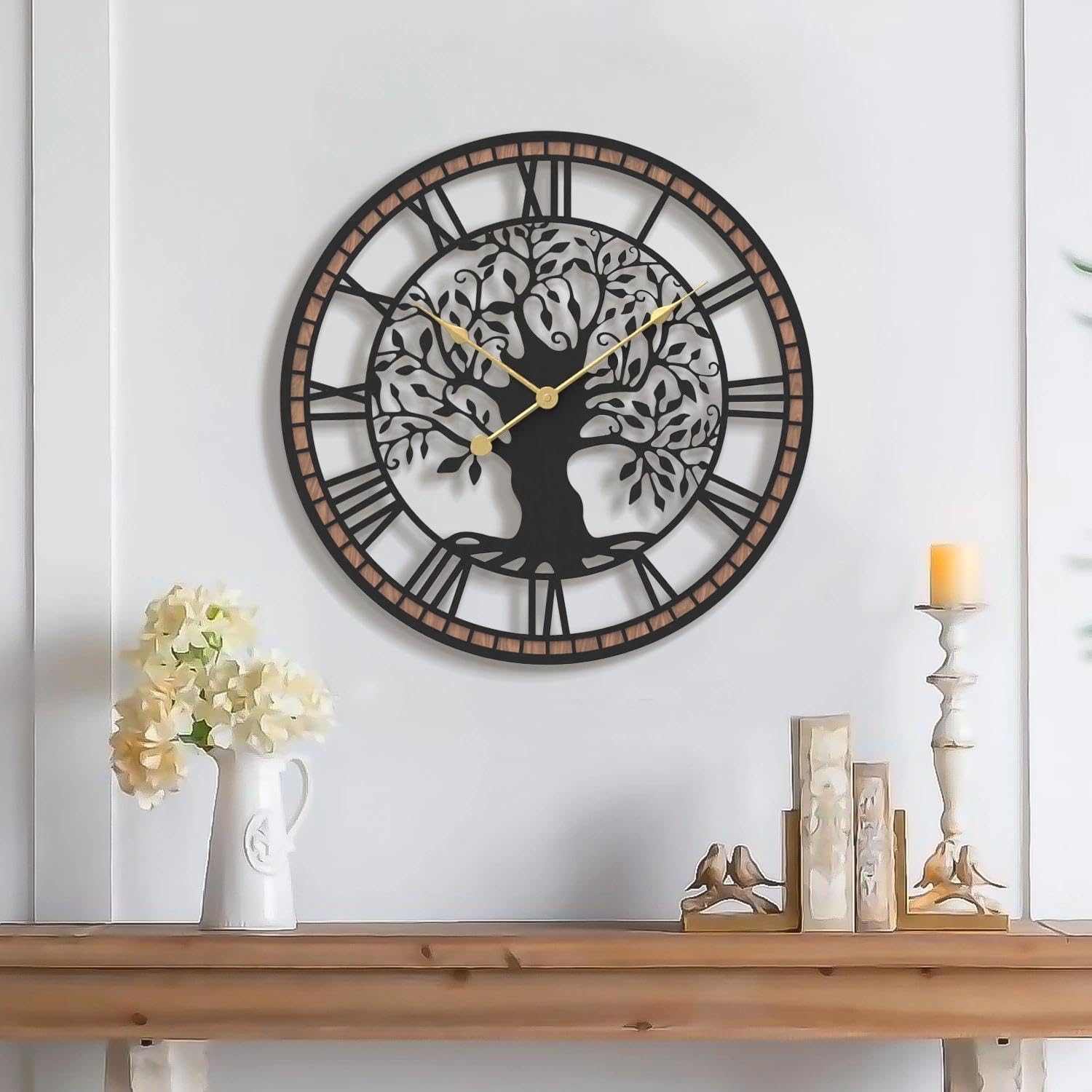 Micasso Non-Ticking Large Wall Clock: 24Inch Tree of Life Metal Black with Solid Wood Frame - Silent Battery Operated Clock for Living Room/Office/Bedroom/Kitchen - Home Decor for Fashion-Conscious
