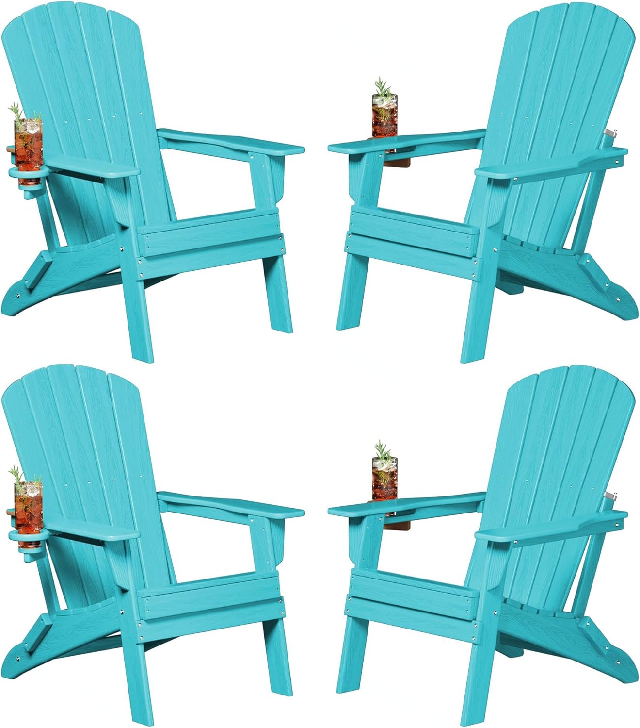 Plawdlik Folding Adirondack Chair, SGS Tested, Wooden Textured with Cup Holder, Heavy All-Weather HDPE Comfortable Set Poolside Backyard Lawn Black