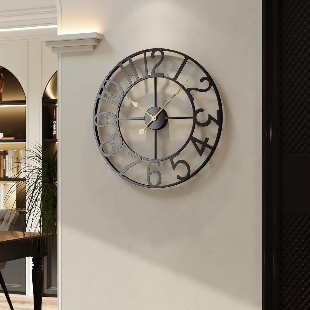 Cuspin Large Wall Clock for Living Room Decor, 30 Inch Decorative Wall Clocks Battery-Operated Silent Non Ticking Metal Modern Black Round Clock Arabic Numerals