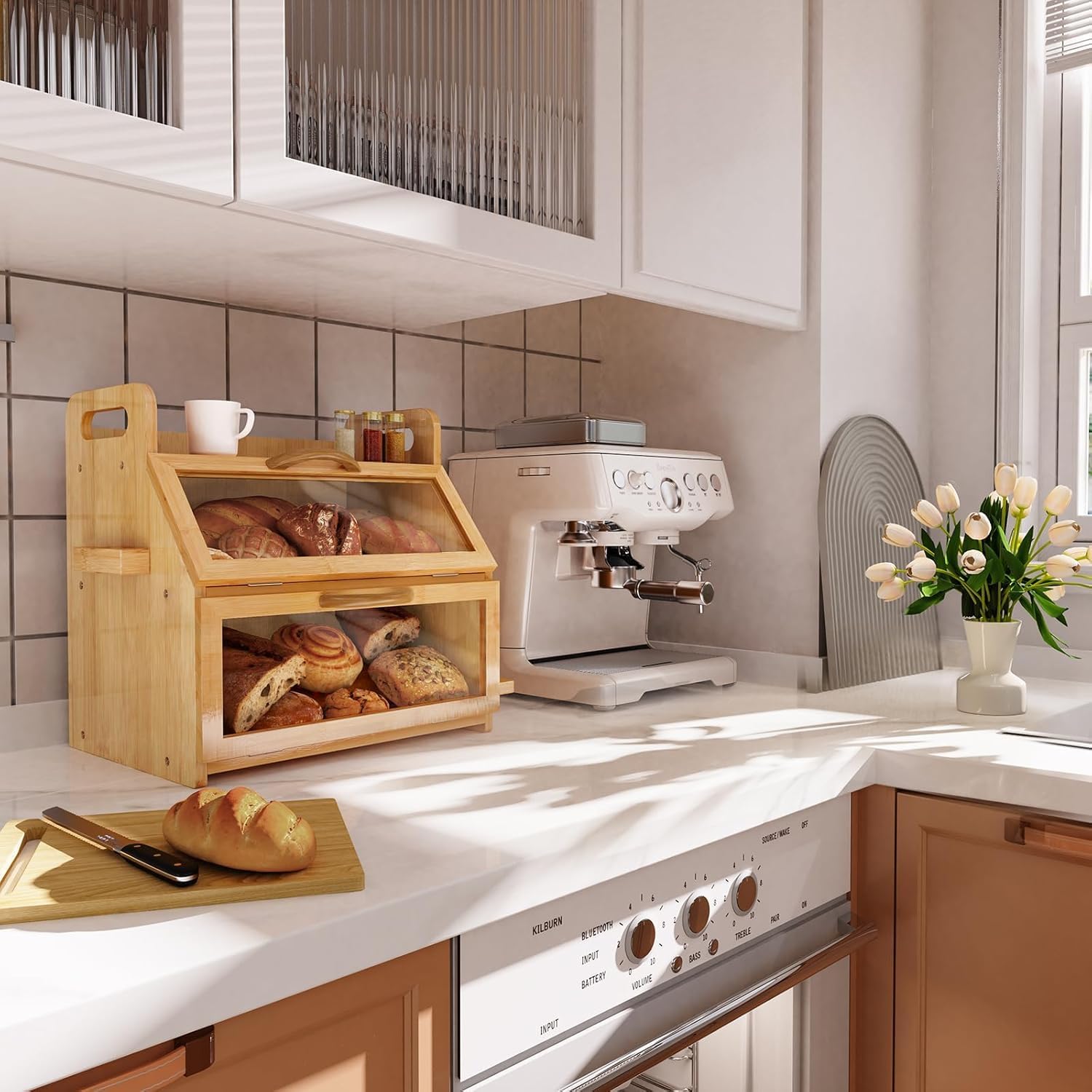 BAMBANG Extra Large Bread Box, Double Layer Bread Box for Homemade Bread, Bamboo Wooden Bread Storage Container with Tool Holder & Handles & Window, Assembly Required(14.9" x 11" x 15.3") Natural