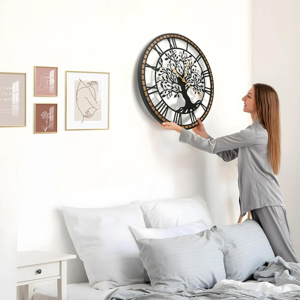 Micasso Non-Ticking Large Wall Clock: 24Inch Tree of Life Metal Black with Solid Wood Frame - Silent Battery Operated Clock for Living Room/Office/Bedroom/Kitchen - Home Decor for Fashion-Conscious